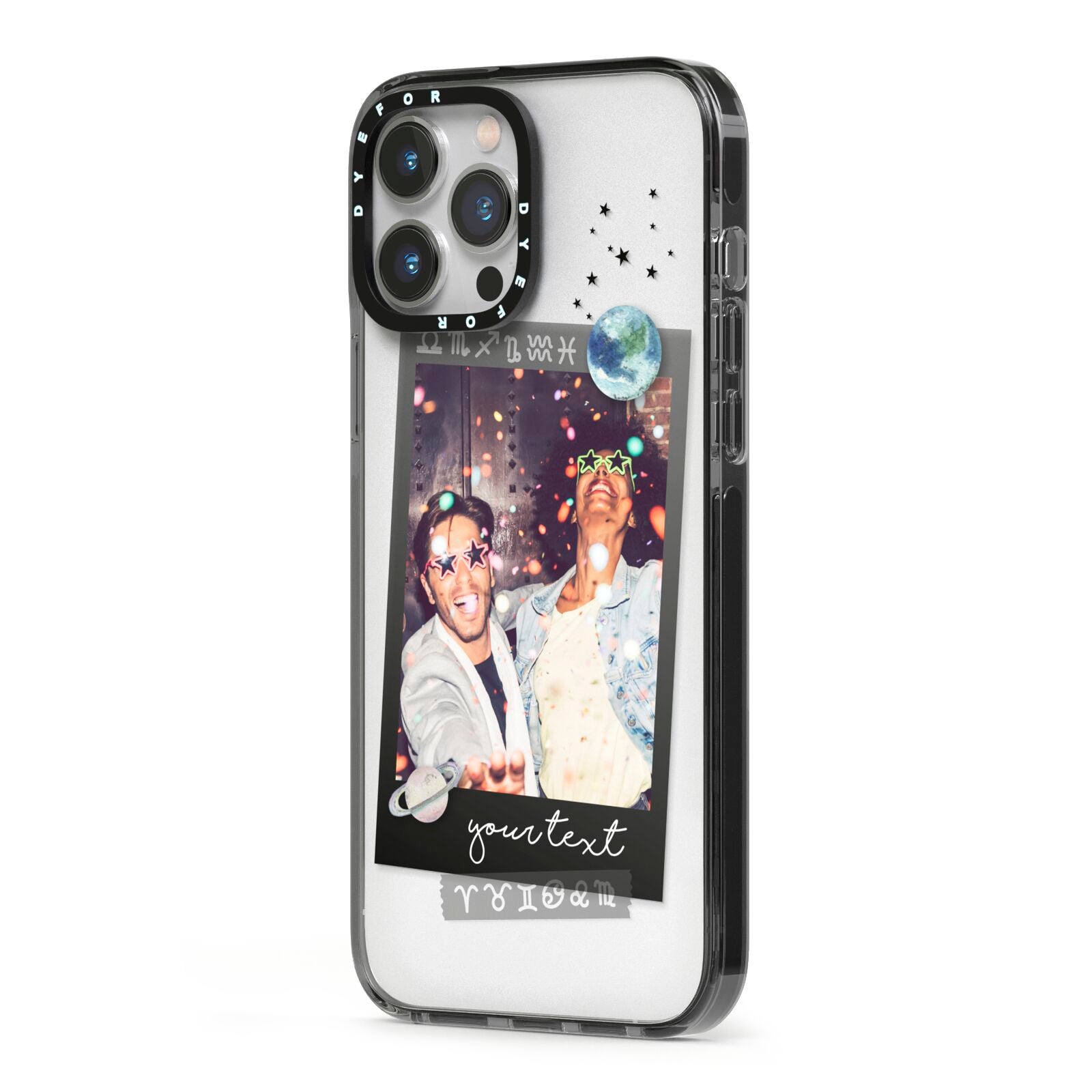 Personalised Photo Celestial iPhone 13 Pro Max Black Impact Case Side Angle on Silver phone