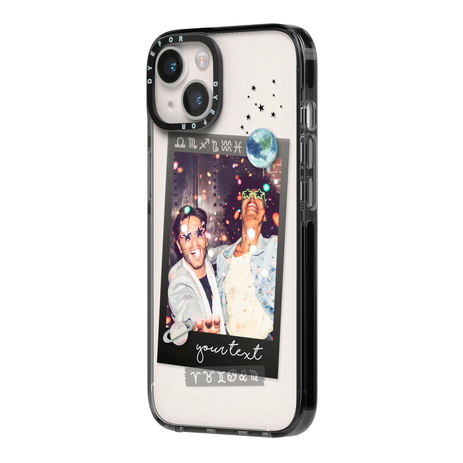 Personalised Photo Celestial iPhone 14 Black Impact Case Side Angle on Silver phone