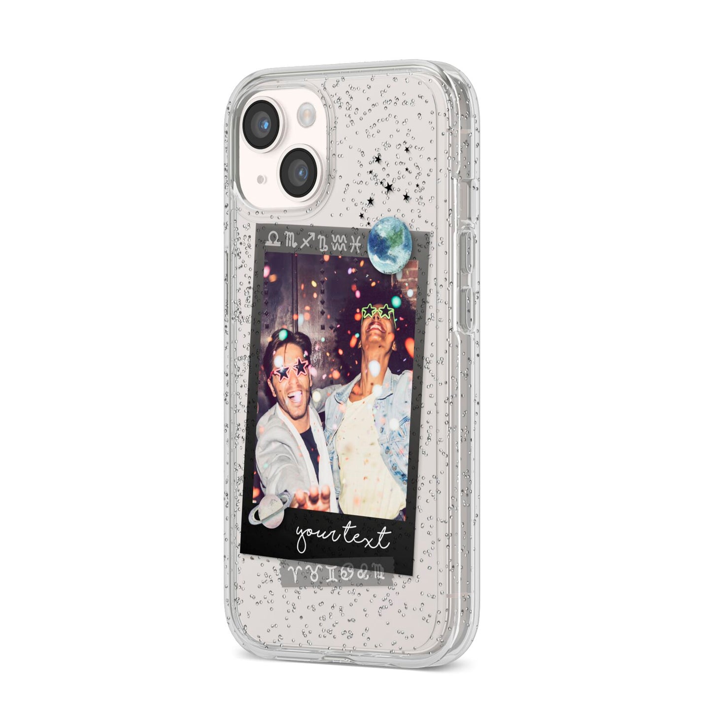 Personalised Photo Celestial iPhone 14 Glitter Tough Case Starlight Angled Image