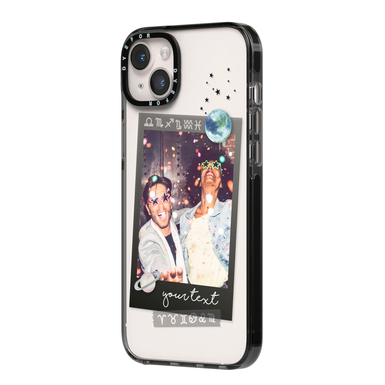 Personalised Photo Celestial iPhone 14 Plus Black Impact Case Side Angle on Silver phone