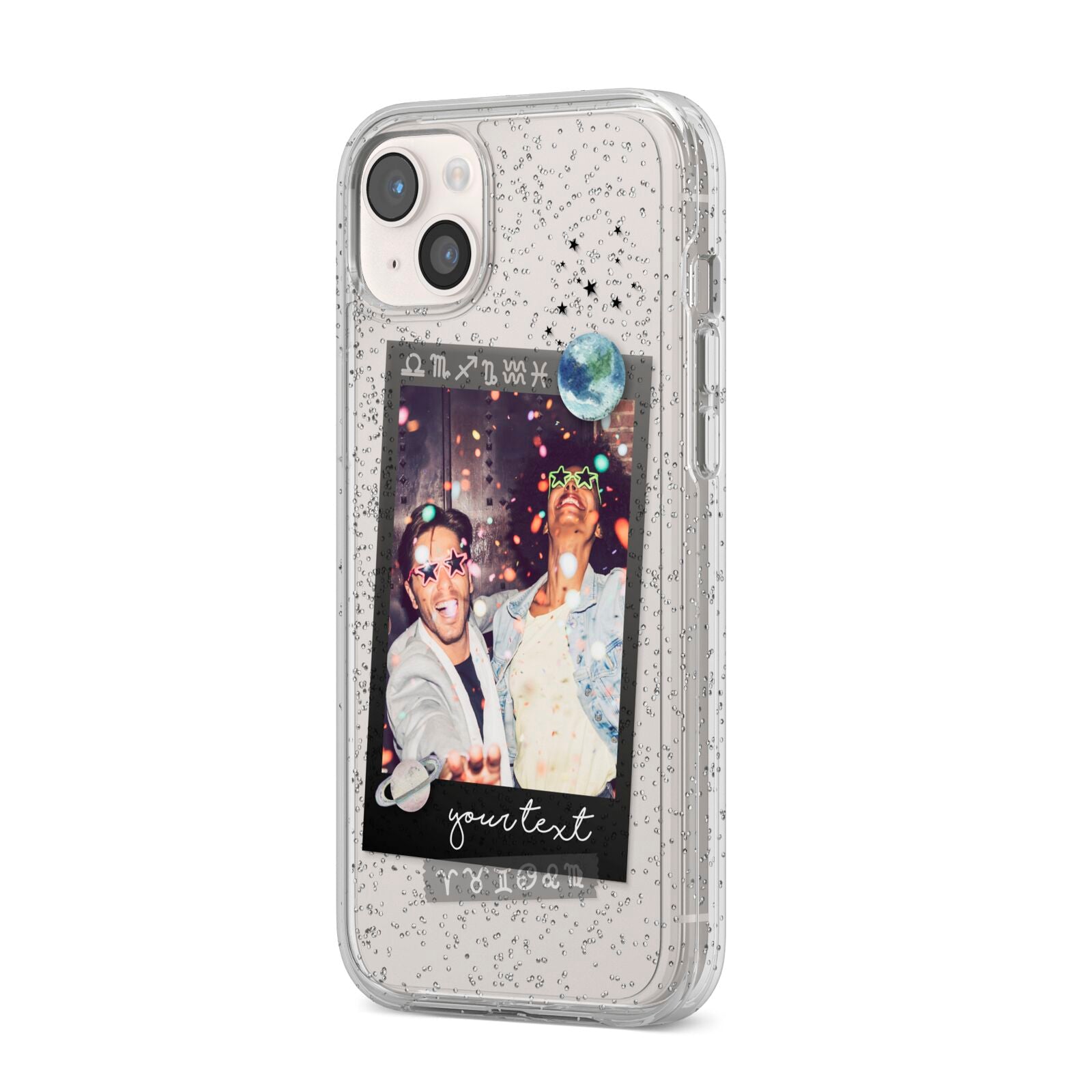 Personalised Photo Celestial iPhone 14 Plus Glitter Tough Case Starlight Angled Image