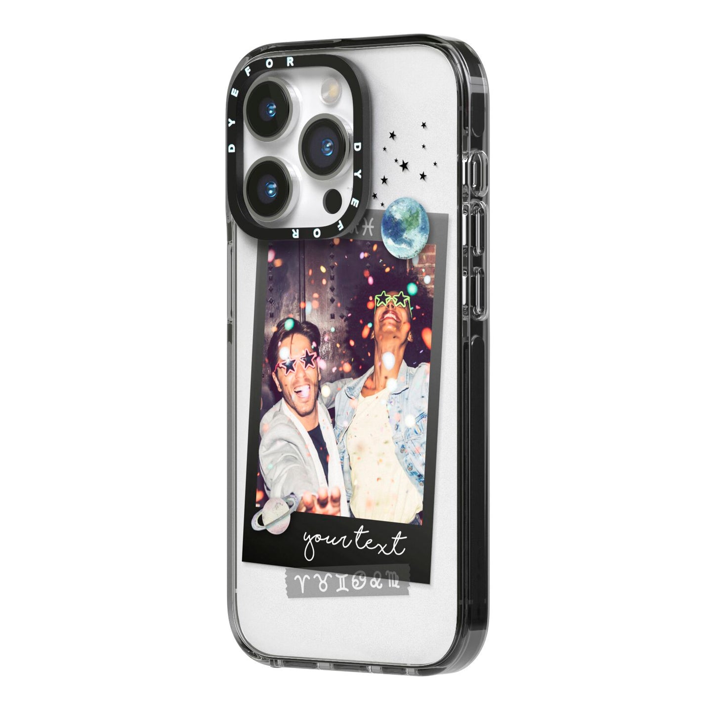 Personalised Photo Celestial iPhone 14 Pro Black Impact Case Side Angle on Silver phone