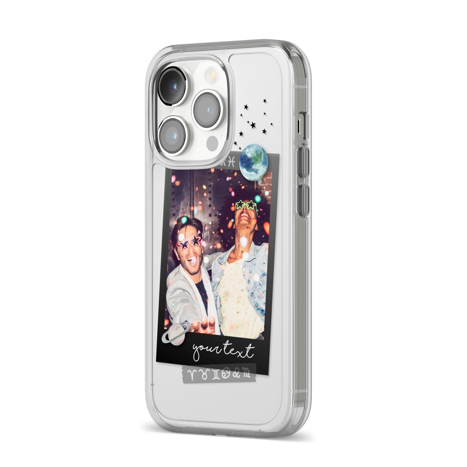 Personalised Photo Celestial iPhone 14 Pro Clear Tough Case Silver Angled Image