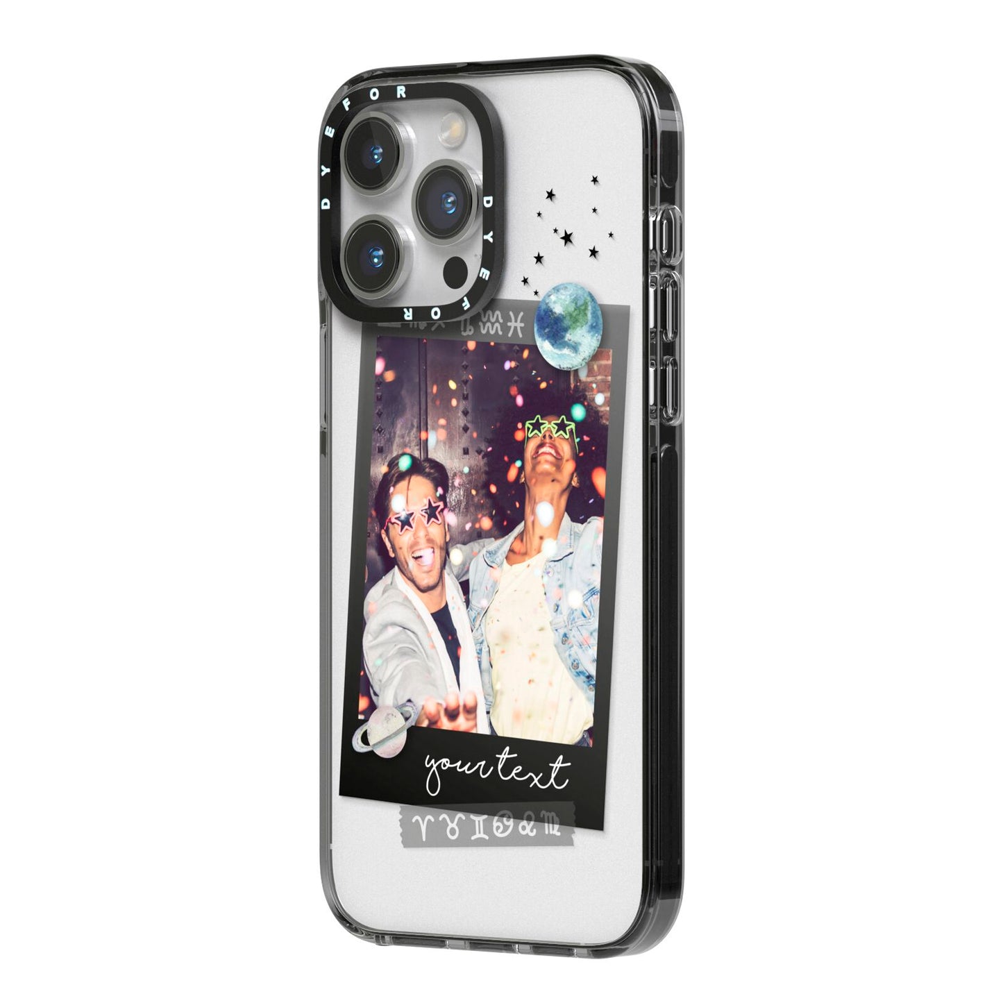 Personalised Photo Celestial iPhone 14 Pro Max Black Impact Case Side Angle on Silver phone
