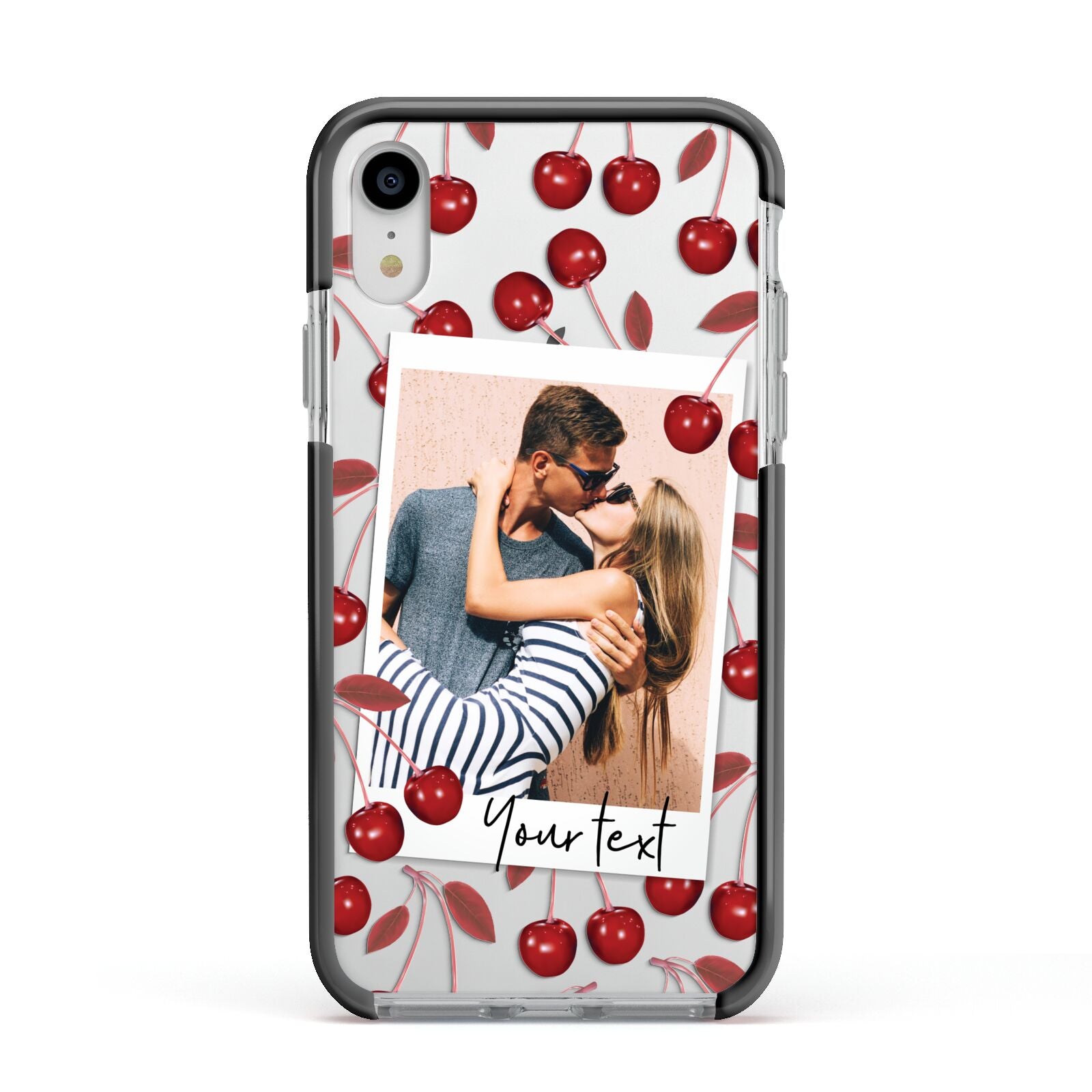 Personalised Photo Cherry Apple iPhone XR Impact Case Black Edge on Silver Phone