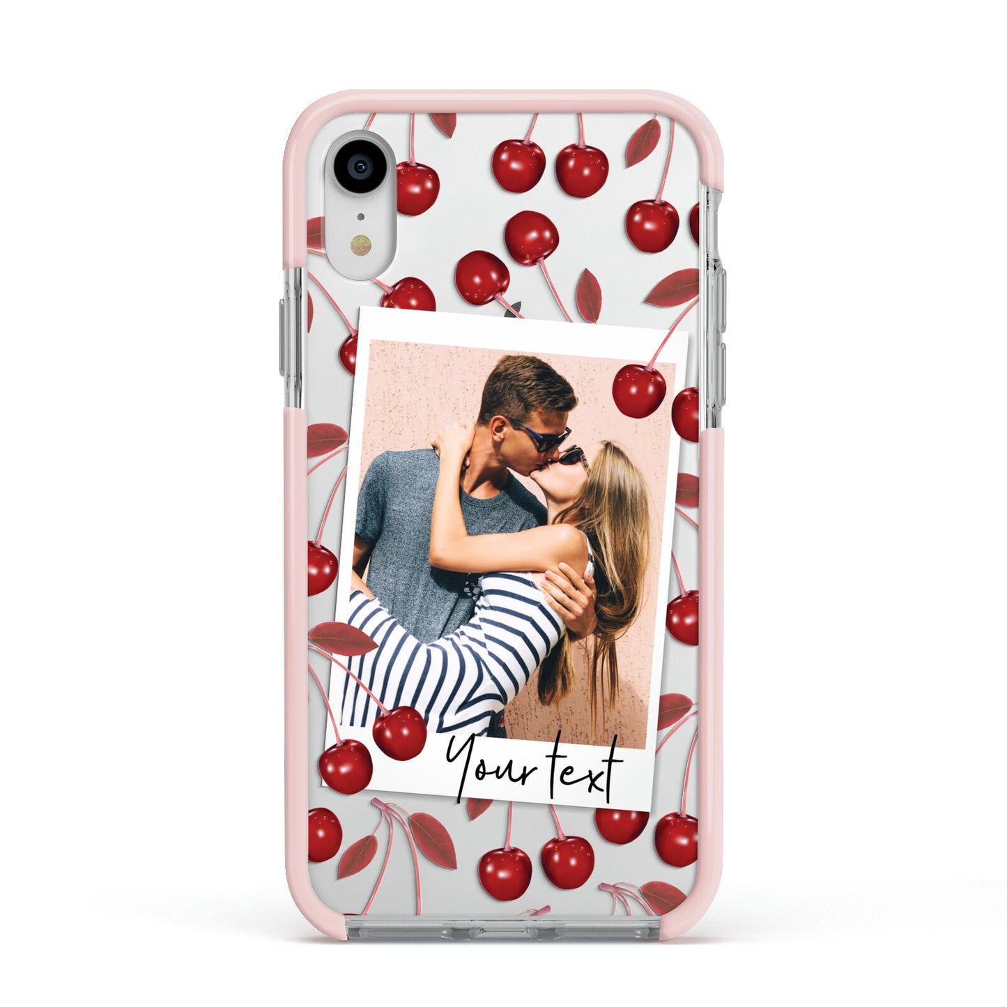 Personalised Photo Cherry Apple iPhone XR Impact Case Pink Edge on Silver Phone