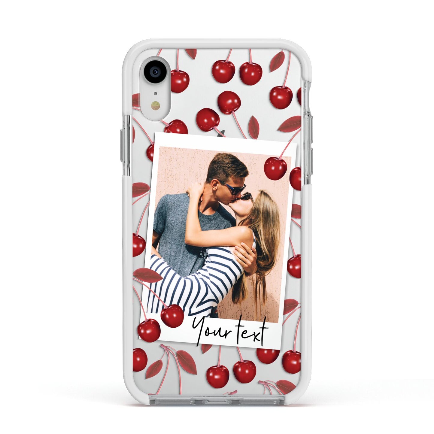 Personalised Photo Cherry Apple iPhone XR Impact Case White Edge on Silver Phone