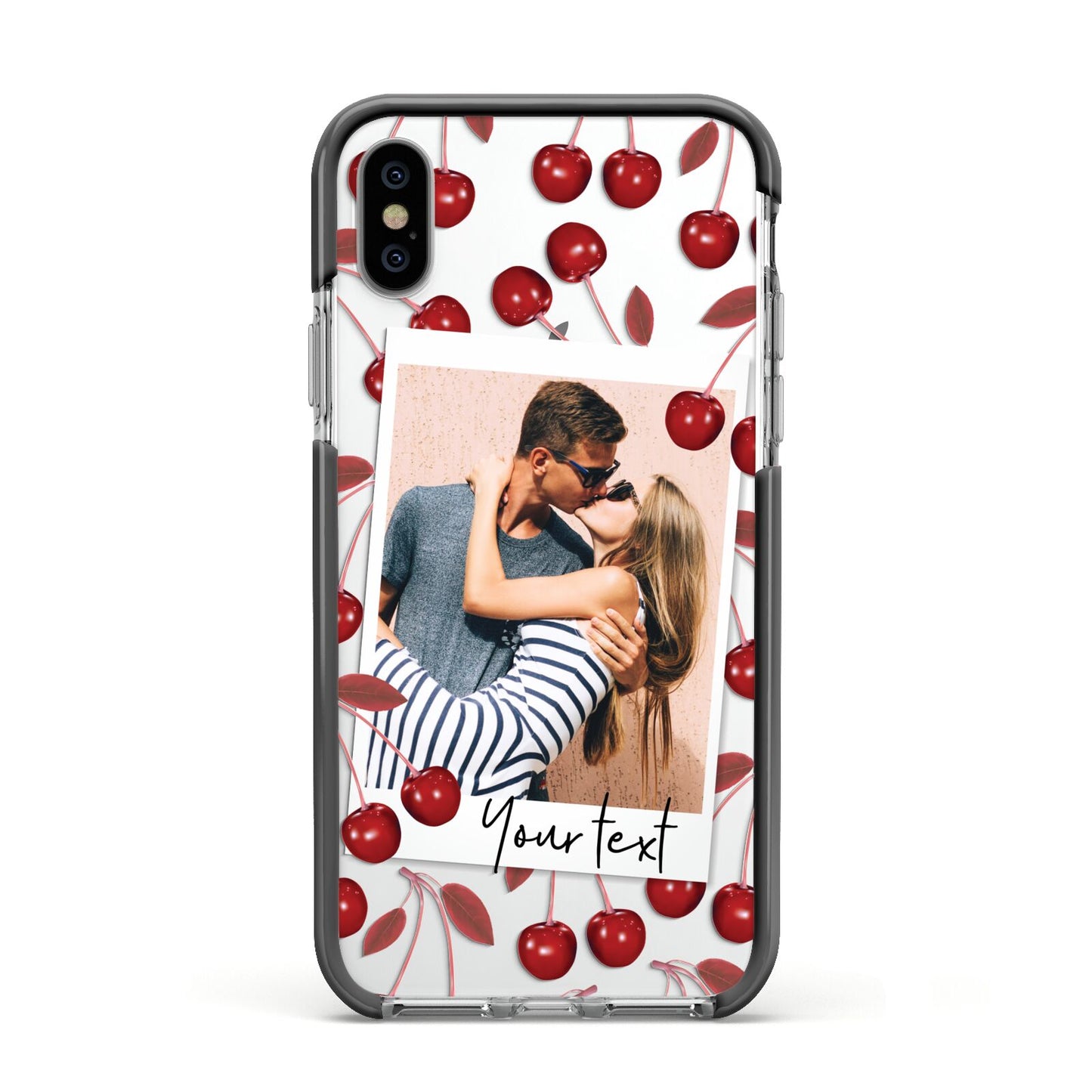 Personalised Photo Cherry Apple iPhone Xs Impact Case Black Edge on Silver Phone