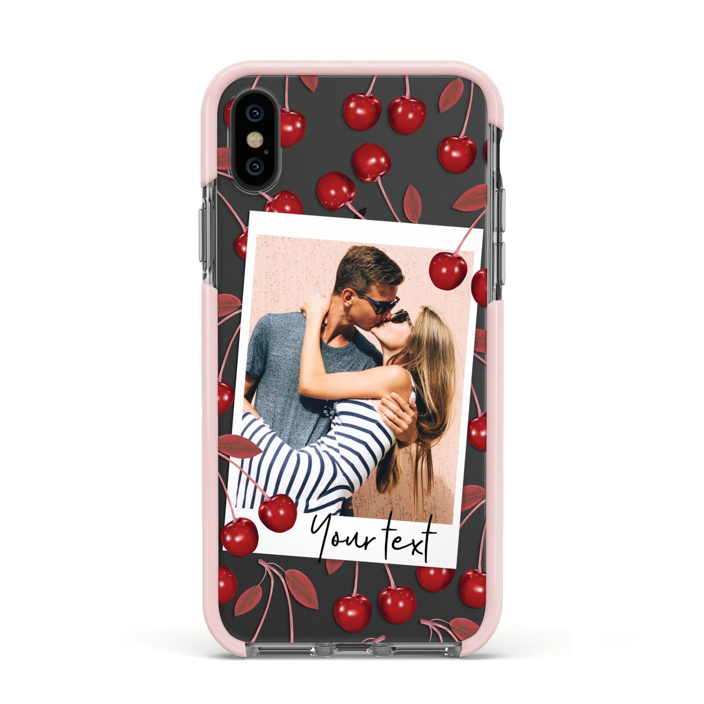 Personalised Photo Cherry Apple iPhone Xs Impact Case Pink Edge on Black Phone