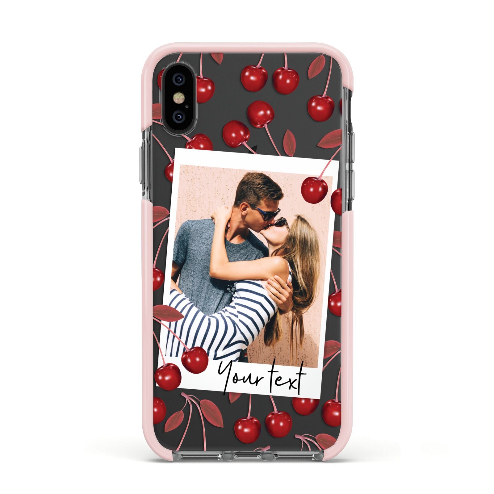 Personalised Photo Cherry Apple iPhone Xs Impact Case Pink Edge on Black Phone