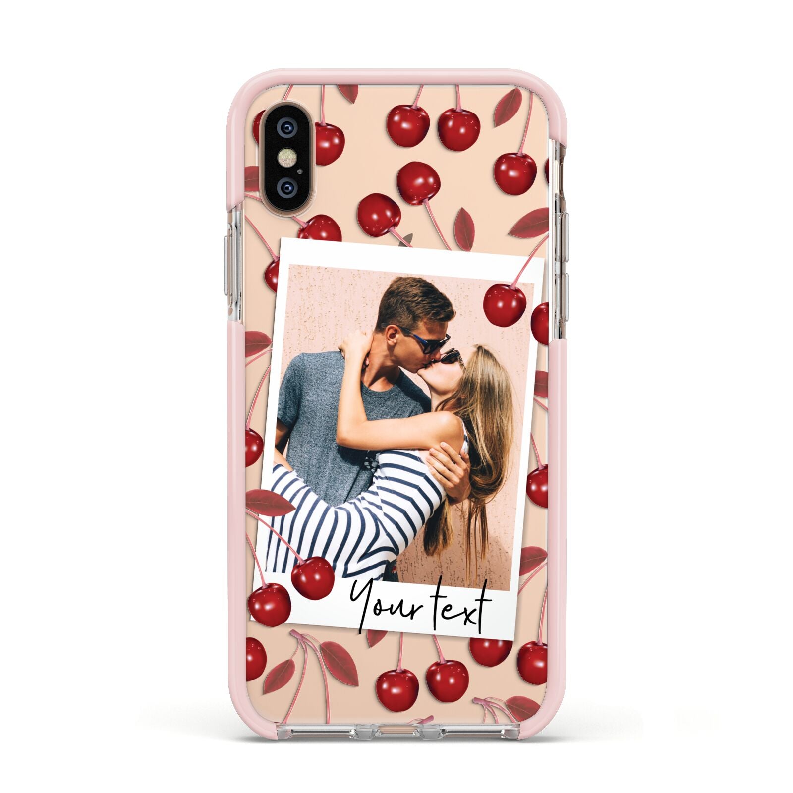 Personalised Photo Cherry Apple iPhone Xs Impact Case Pink Edge on Gold Phone