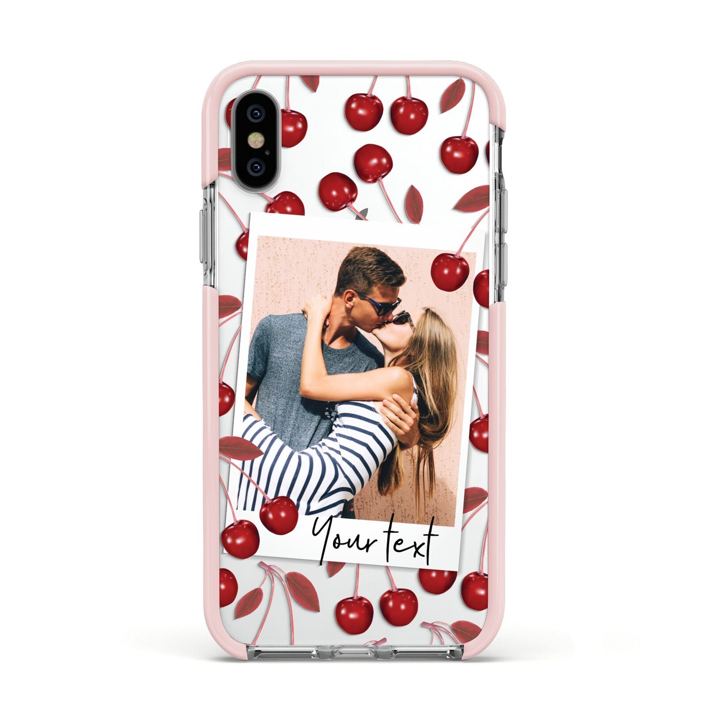 Personalised Photo Cherry Apple iPhone Xs Impact Case Pink Edge on Silver Phone