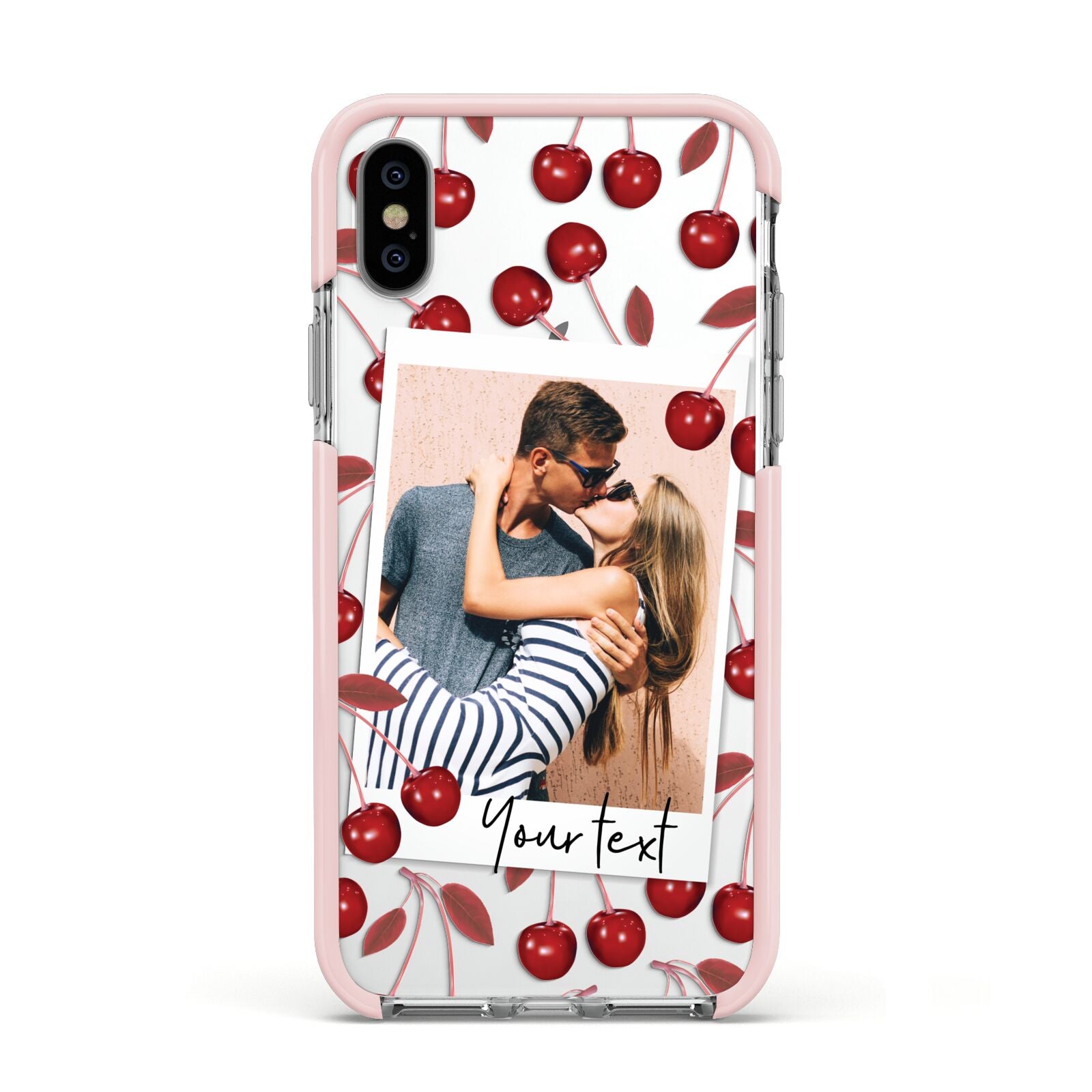 Personalised Photo Cherry Apple iPhone Xs Impact Case Pink Edge on Silver Phone