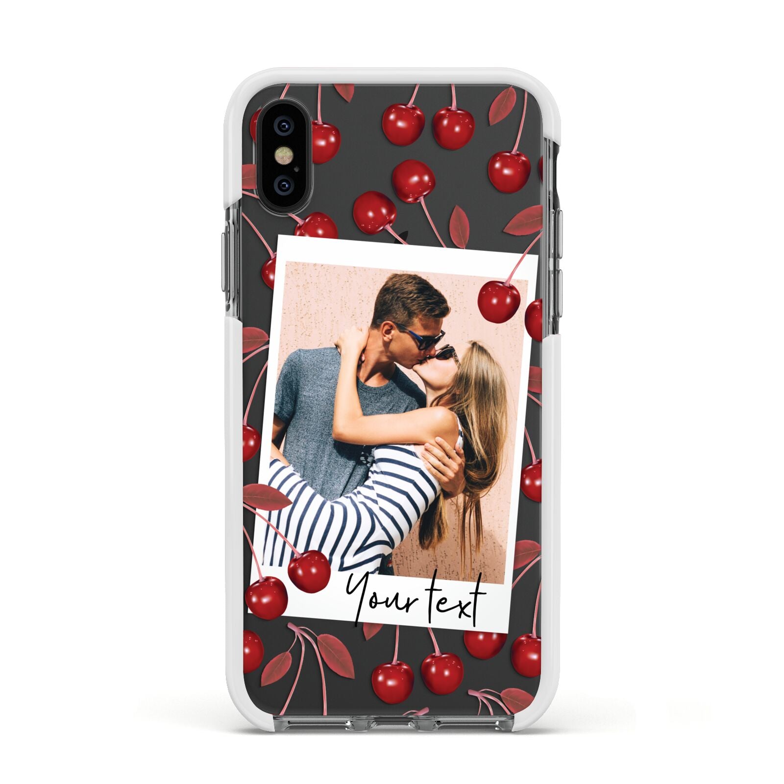 Personalised Photo Cherry Apple iPhone Xs Impact Case White Edge on Black Phone