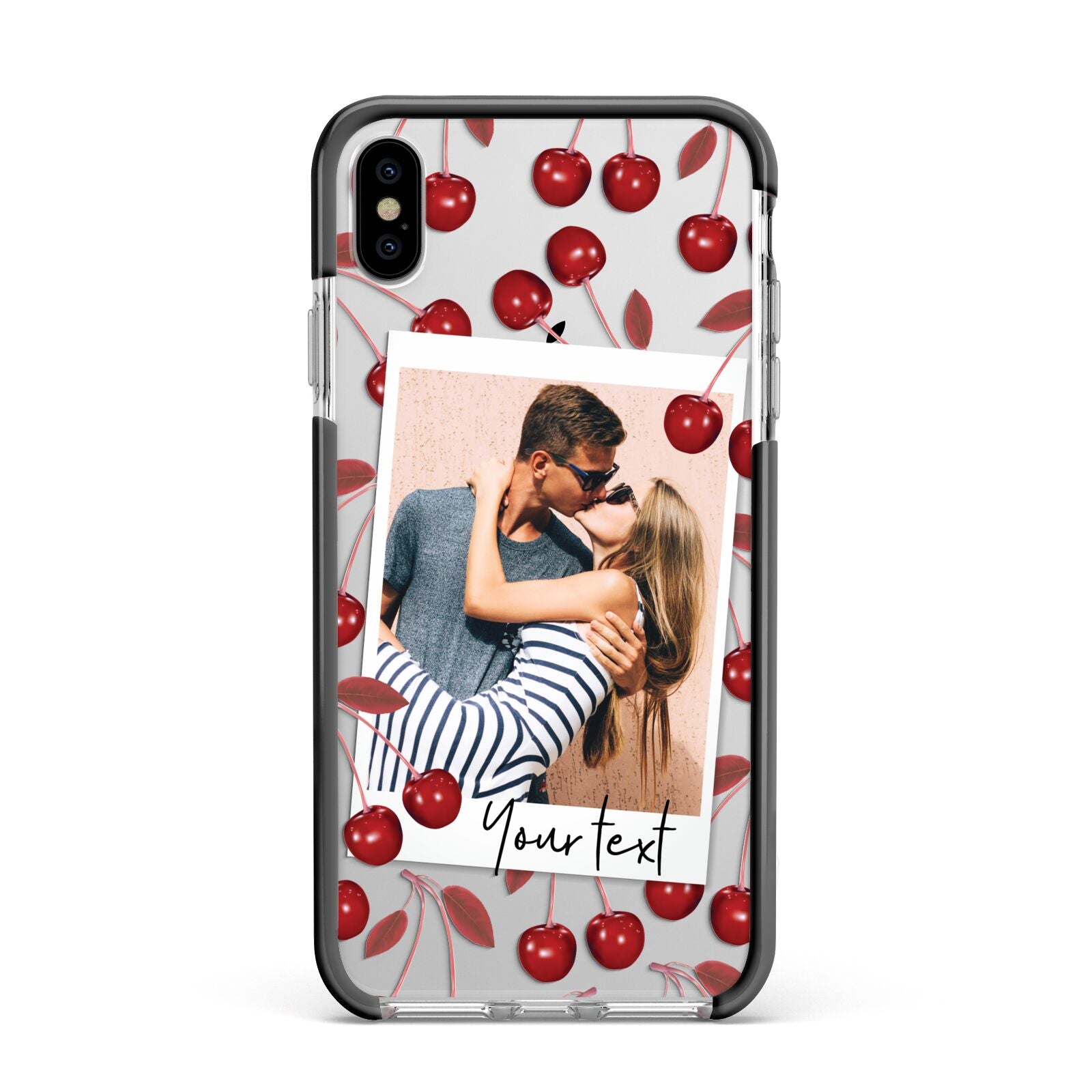 Personalised Photo Cherry Apple iPhone Xs Max Impact Case Black Edge on Silver Phone