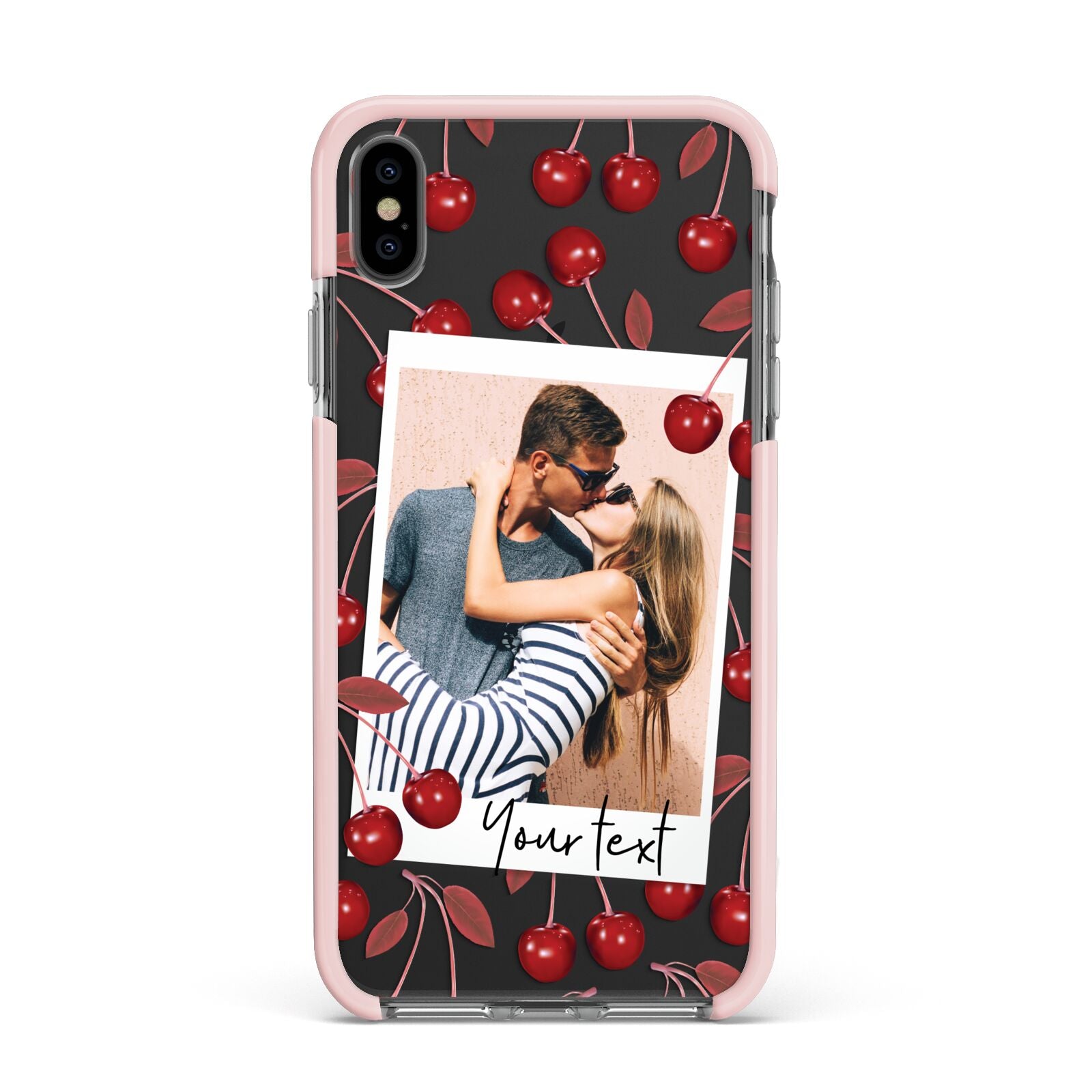 Personalised Photo Cherry Apple iPhone Xs Max Impact Case Pink Edge on Black Phone