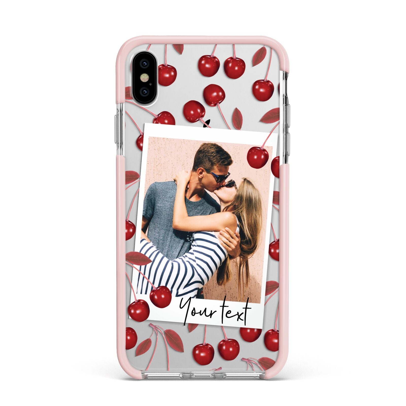 Personalised Photo Cherry Apple iPhone Xs Max Impact Case Pink Edge on Silver Phone