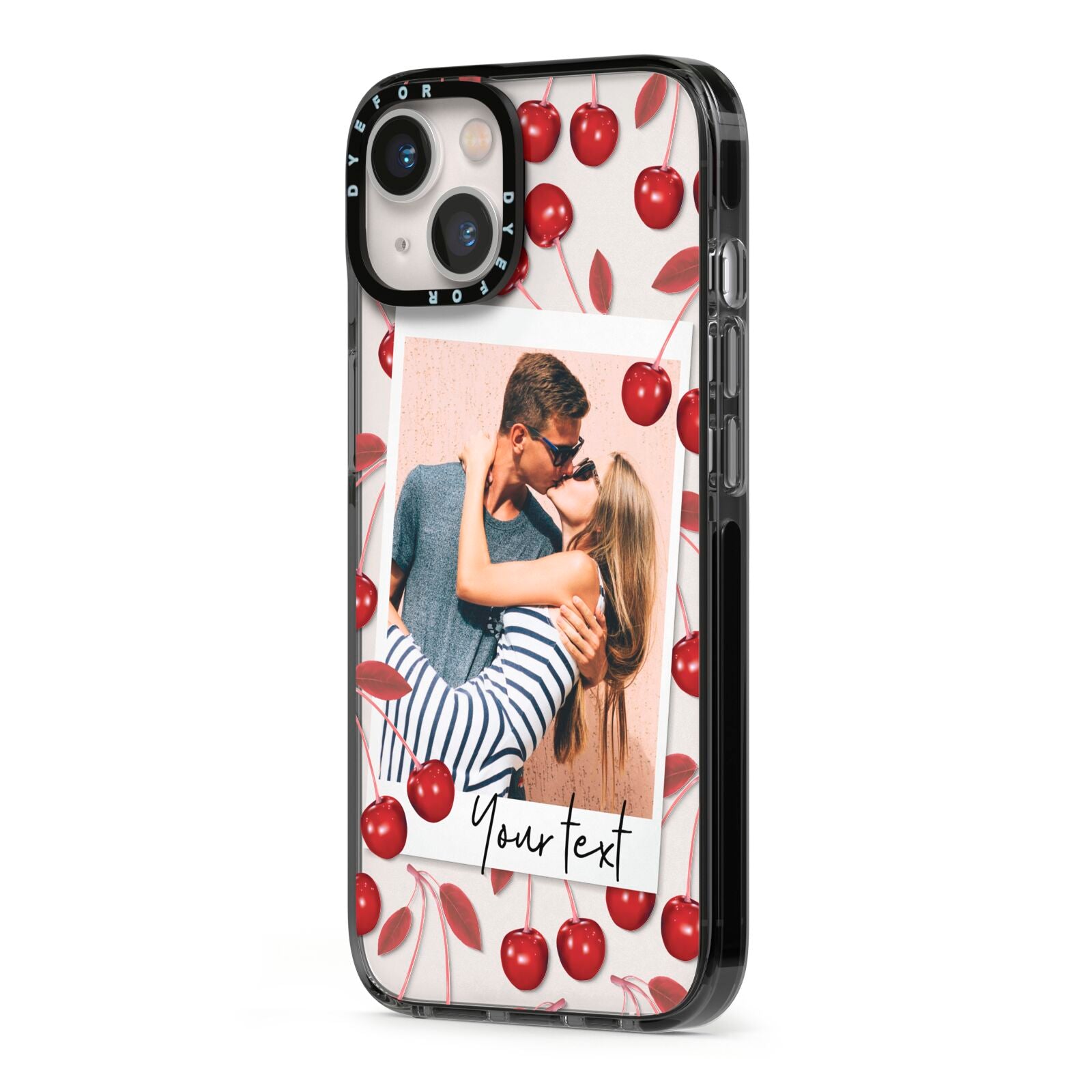 Personalised Photo Cherry iPhone 13 Black Impact Case Side Angle on Silver phone