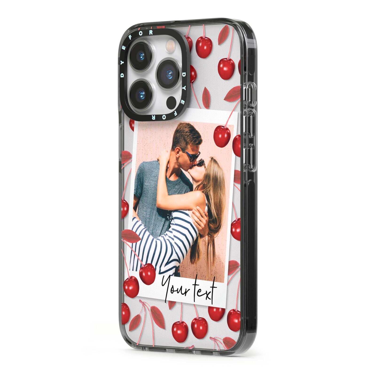 Personalised Photo Cherry iPhone 13 Pro Black Impact Case Side Angle on Silver phone