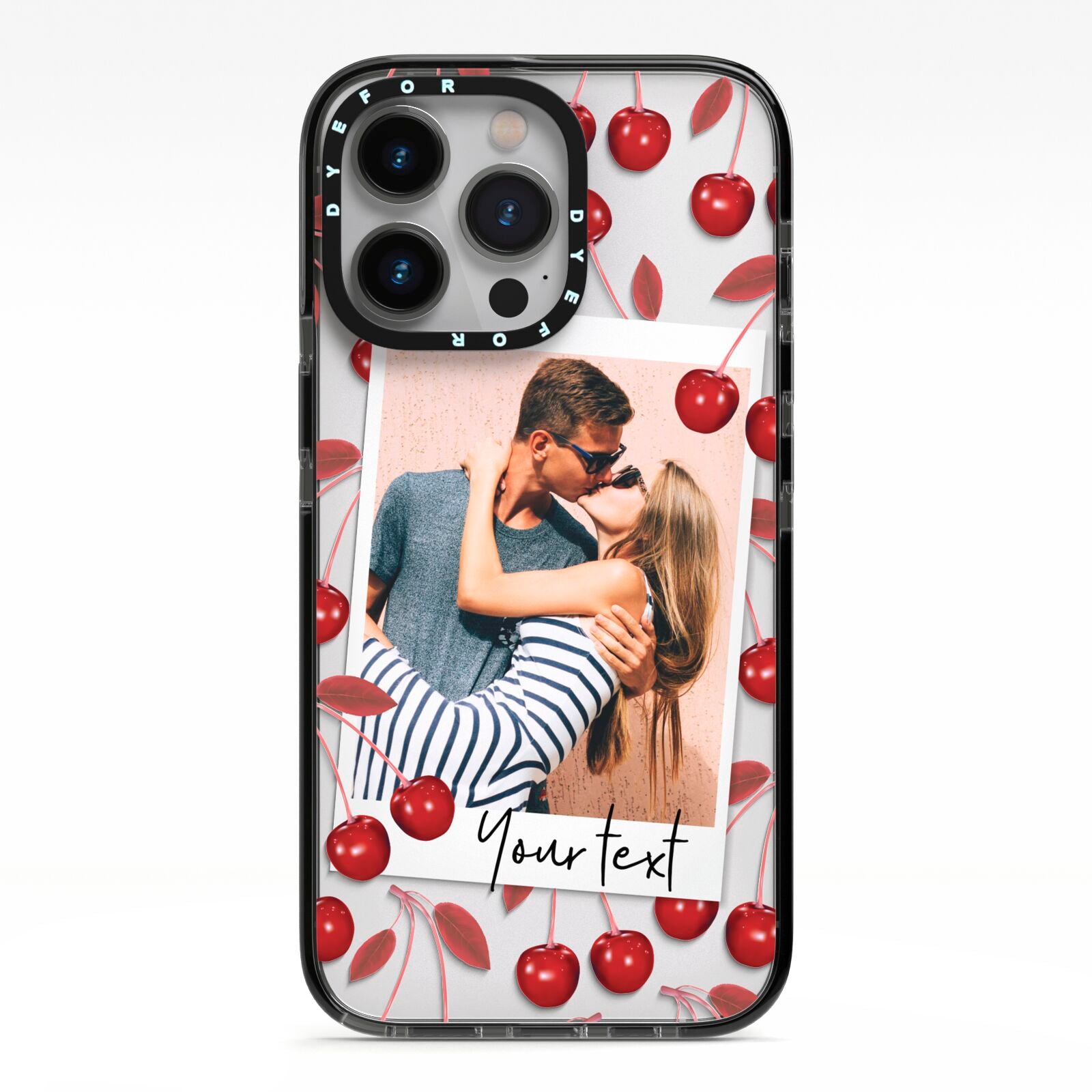 Personalised Photo Cherry iPhone 13 Pro Black Impact Case on Silver phone