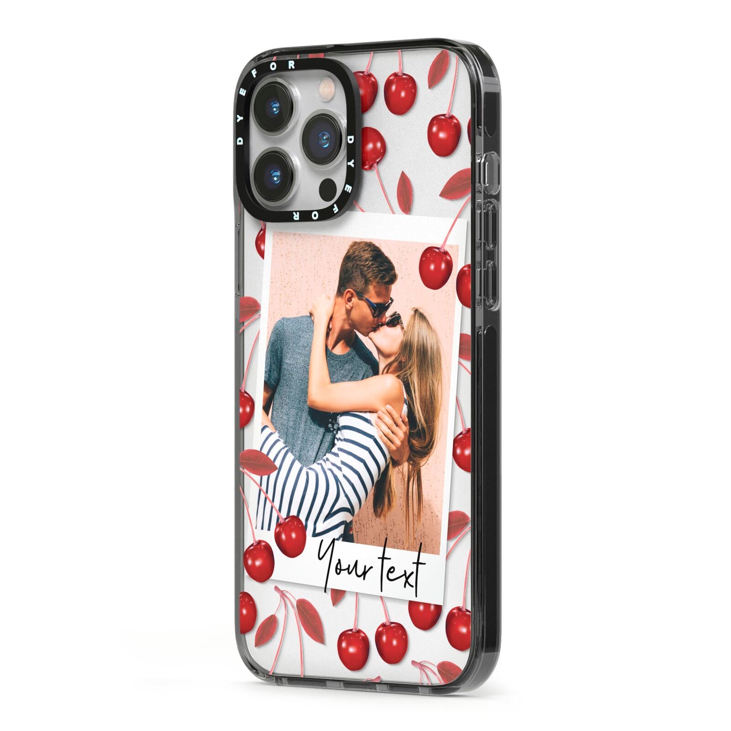 Personalised Photo Cherry iPhone 13 Pro Max Black Impact Case Side Angle on Silver phone