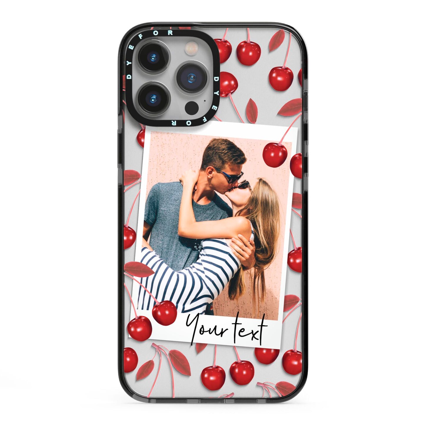 Personalised Photo Cherry iPhone 13 Pro Max Black Impact Case on Silver phone