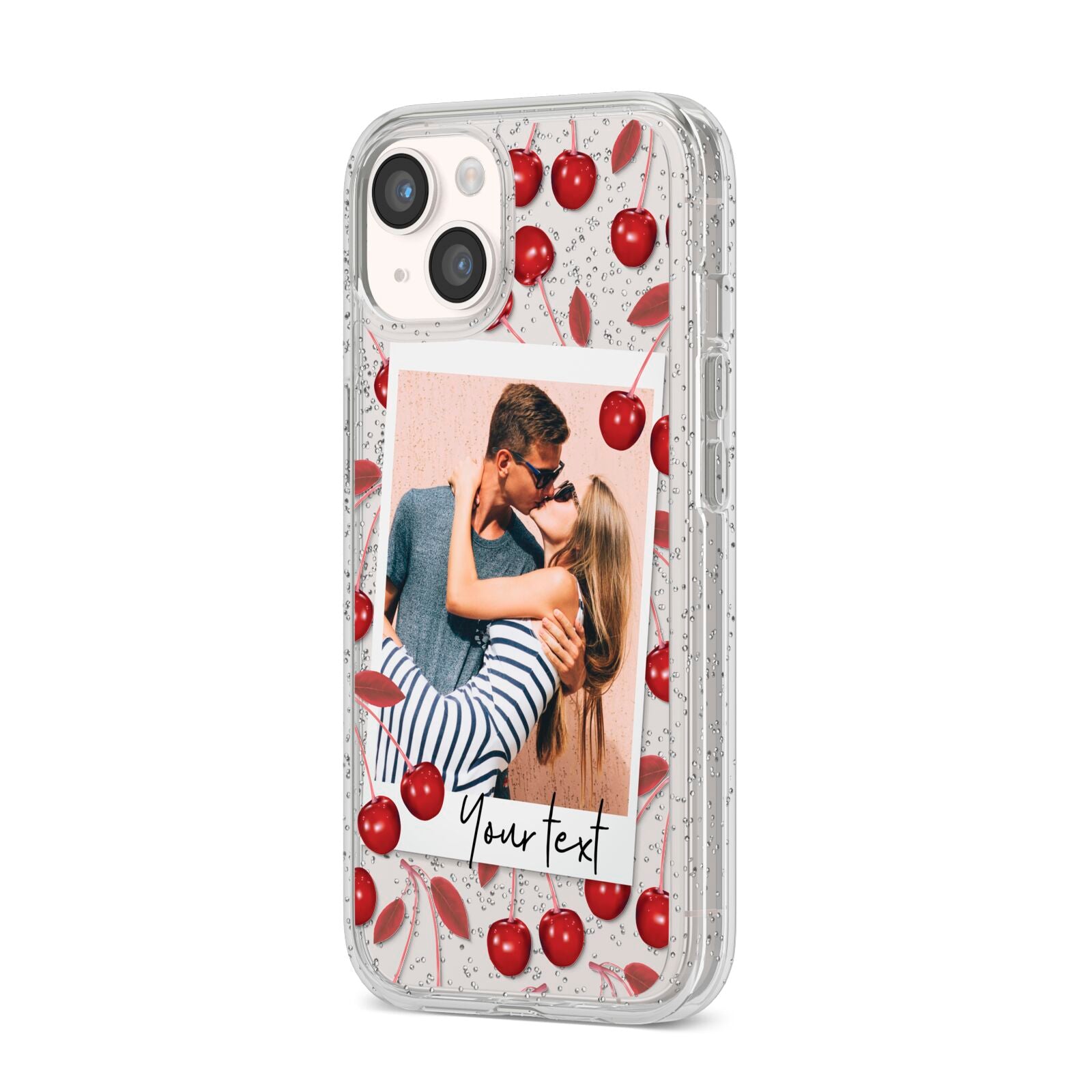 Personalised Photo Cherry iPhone 14 Glitter Tough Case Starlight Angled Image