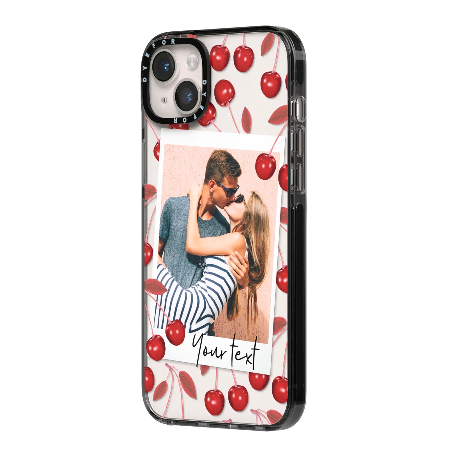 Personalised Photo Cherry iPhone 14 Plus Black Impact Case Side Angle on Silver phone