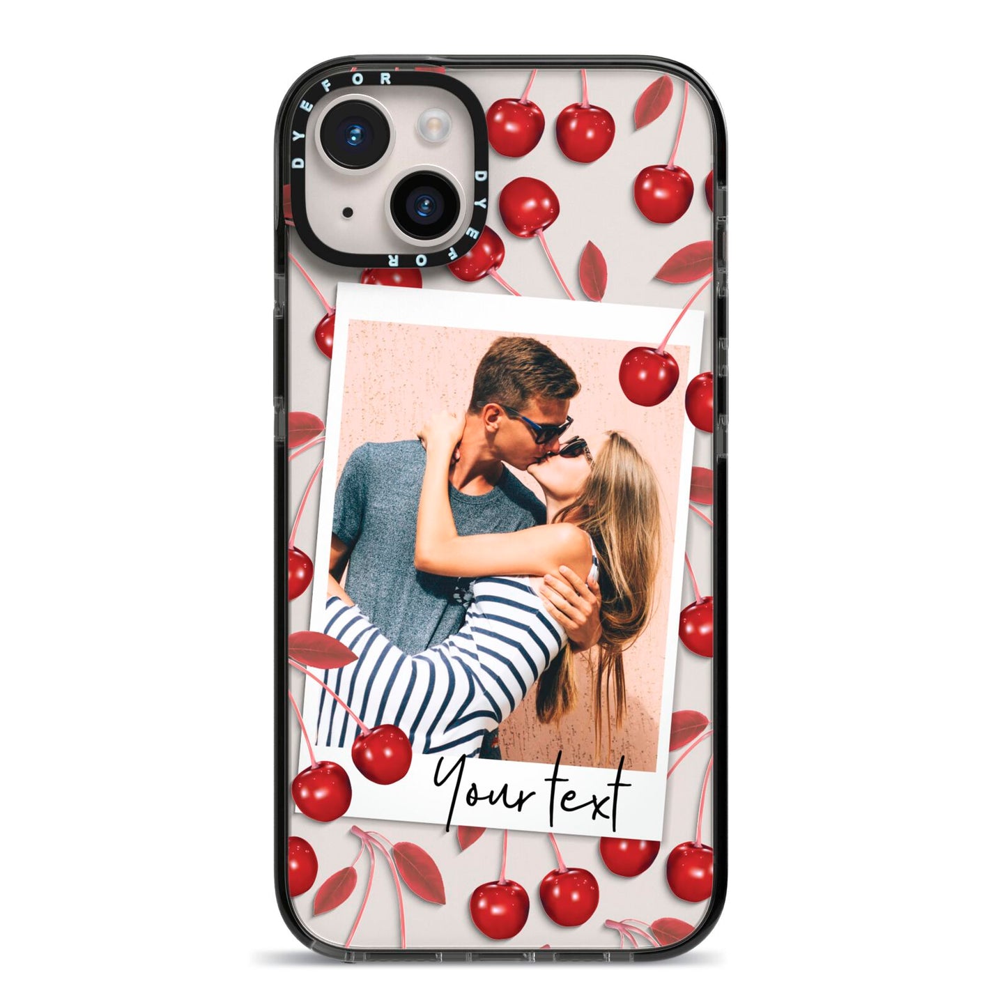 Personalised Photo Cherry iPhone 14 Plus Black Impact Case on Silver phone
