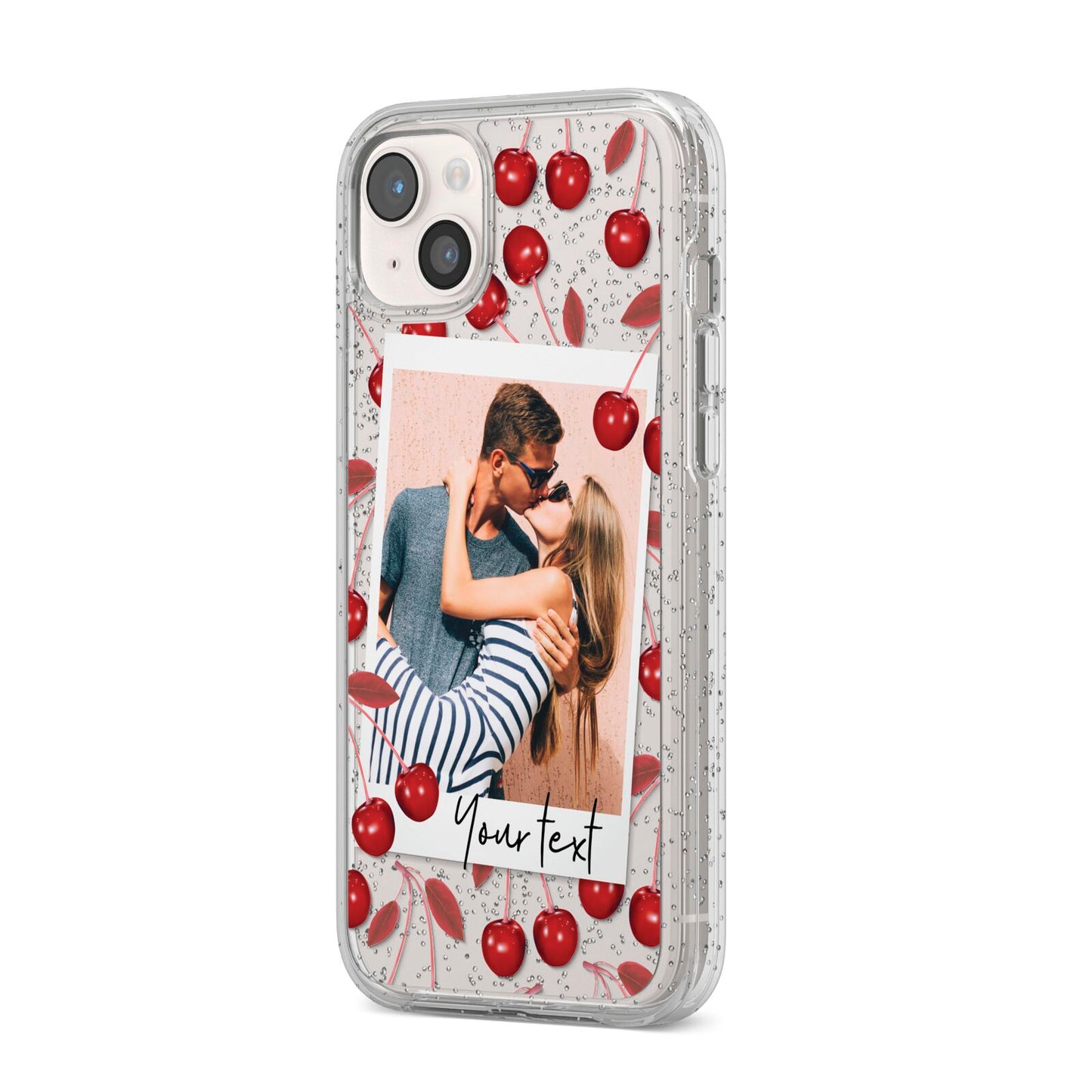Personalised Photo Cherry iPhone 14 Plus Glitter Tough Case Starlight Angled Image