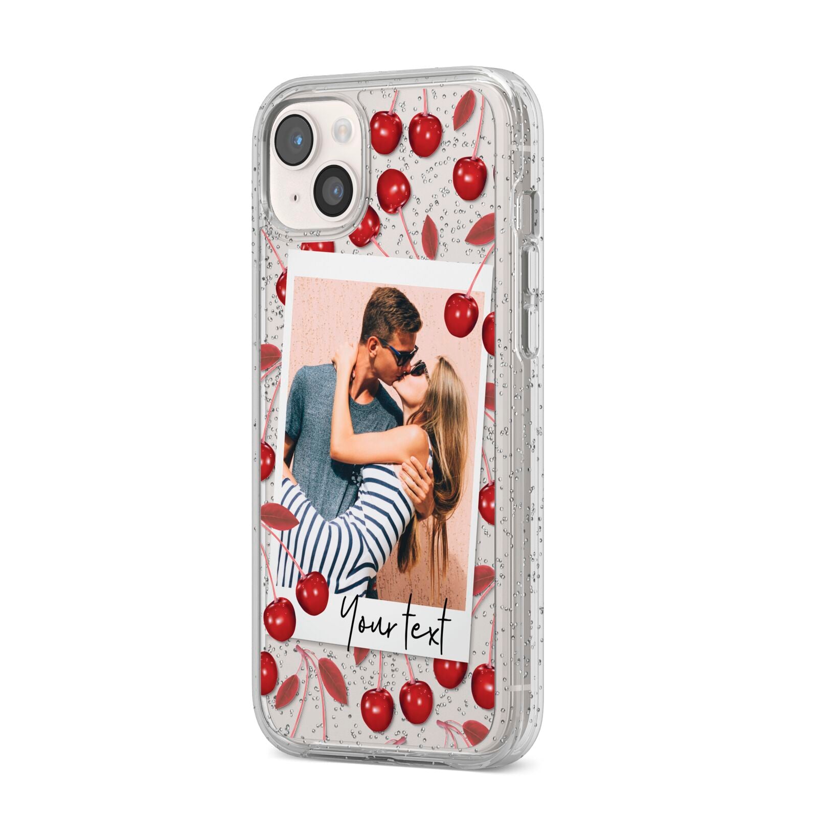 Personalised Photo Cherry iPhone 14 Plus Glitter Tough Case Starlight Angled Image