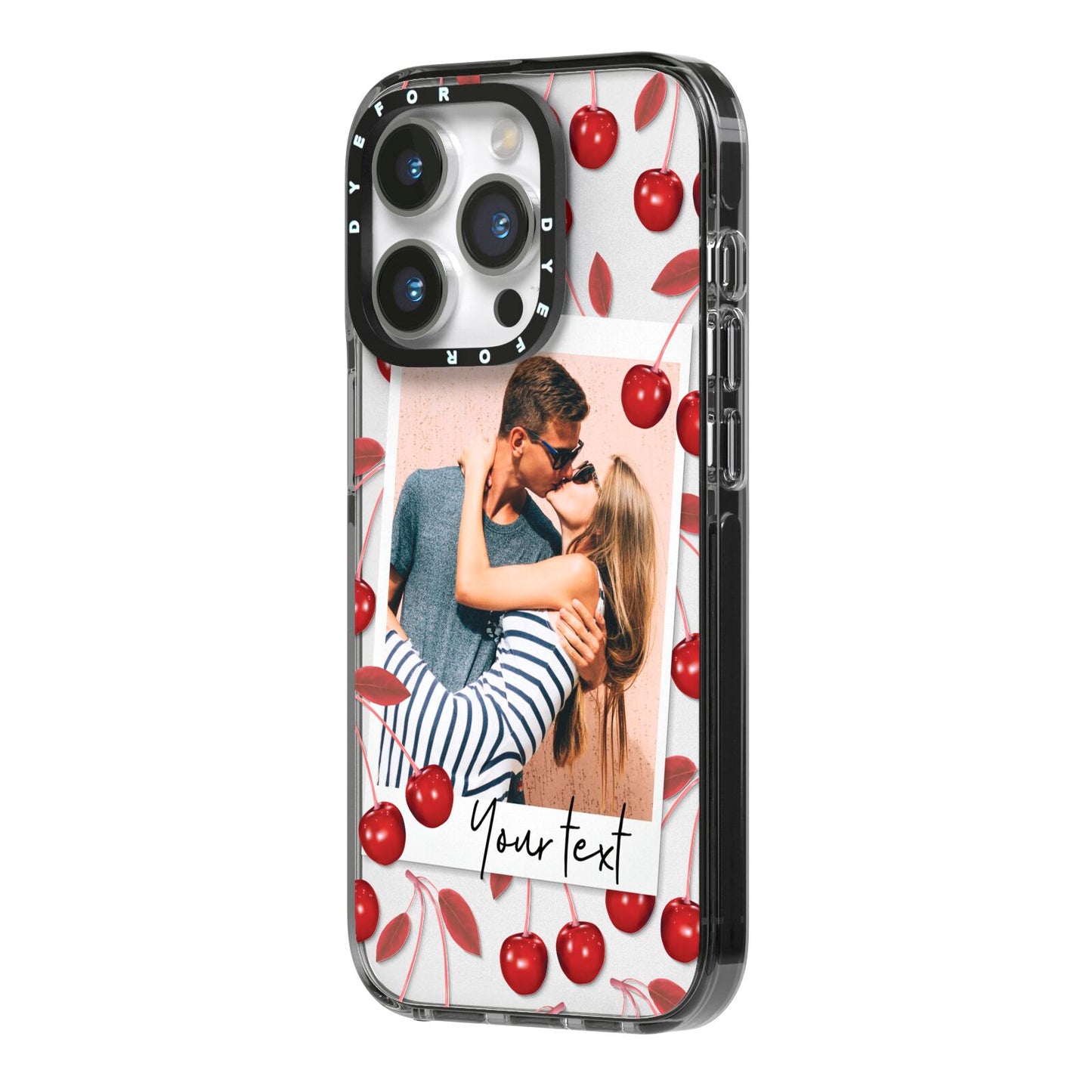 Personalised Photo Cherry iPhone 14 Pro Black Impact Case Side Angle on Silver phone