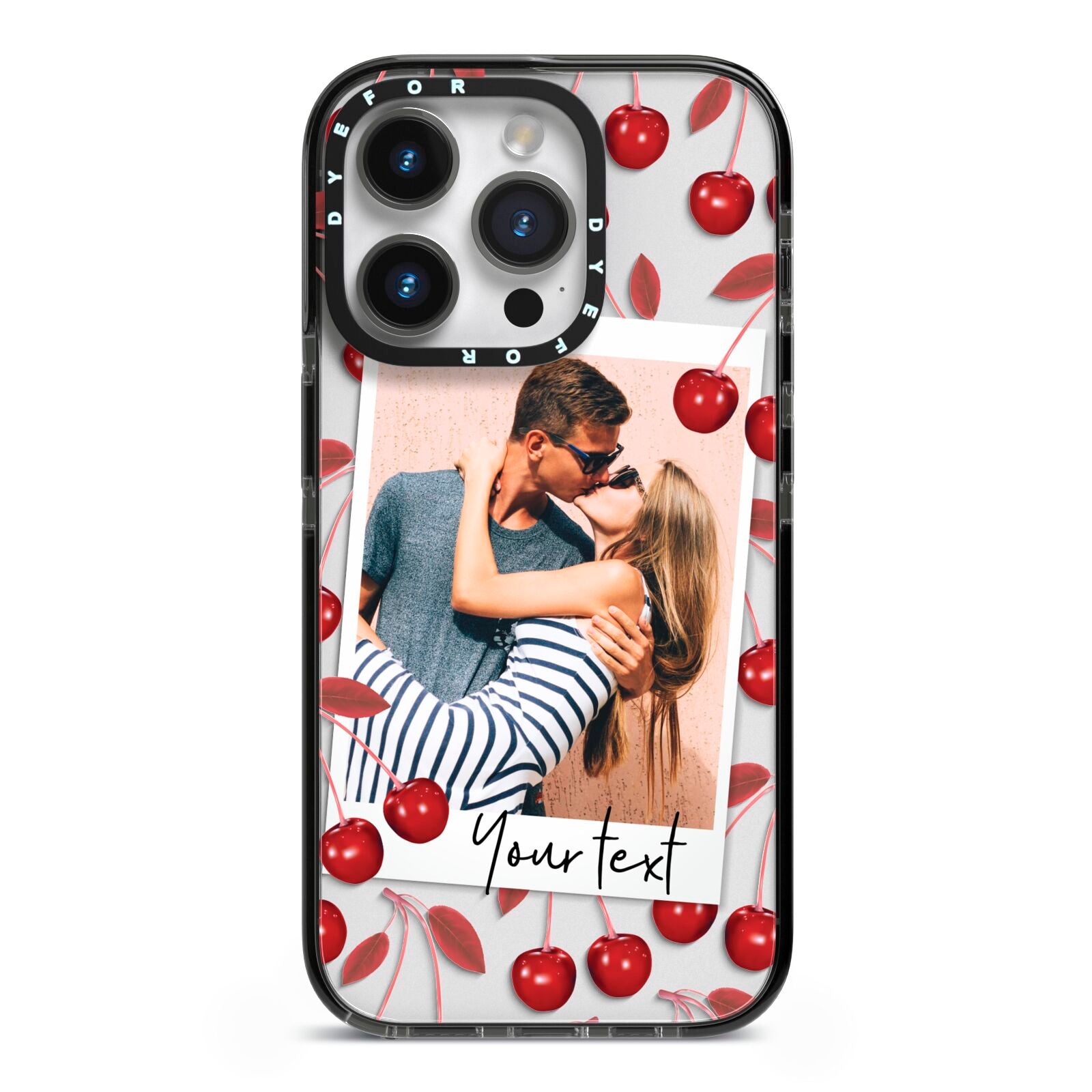 Personalised Photo Cherry iPhone 14 Pro Black Impact Case on Silver phone