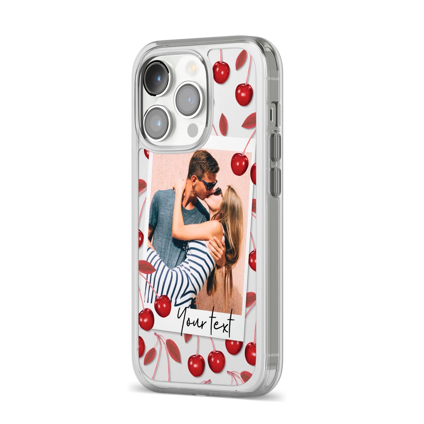 Personalised Photo Cherry iPhone 14 Pro Clear Tough Case Silver Angled Image