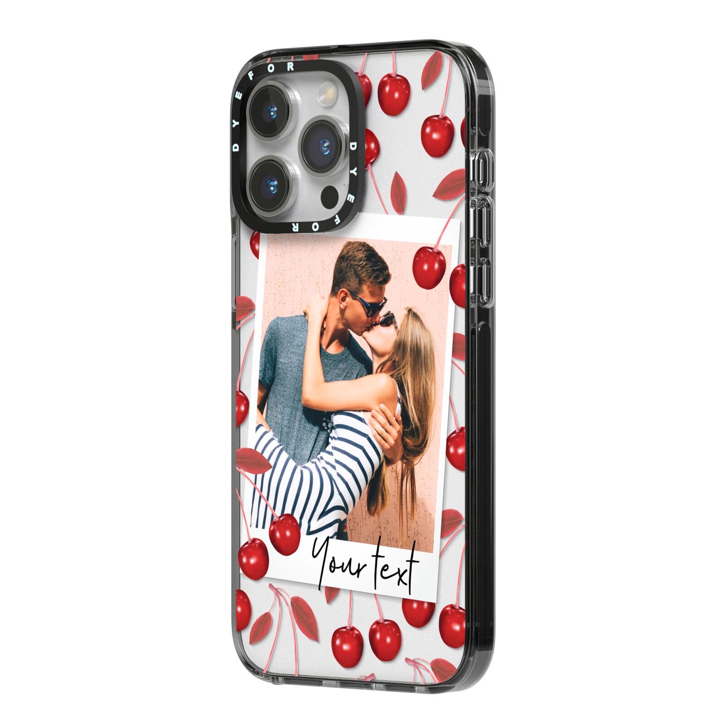Personalised Photo Cherry iPhone 14 Pro Max Black Impact Case Side Angle on Silver phone