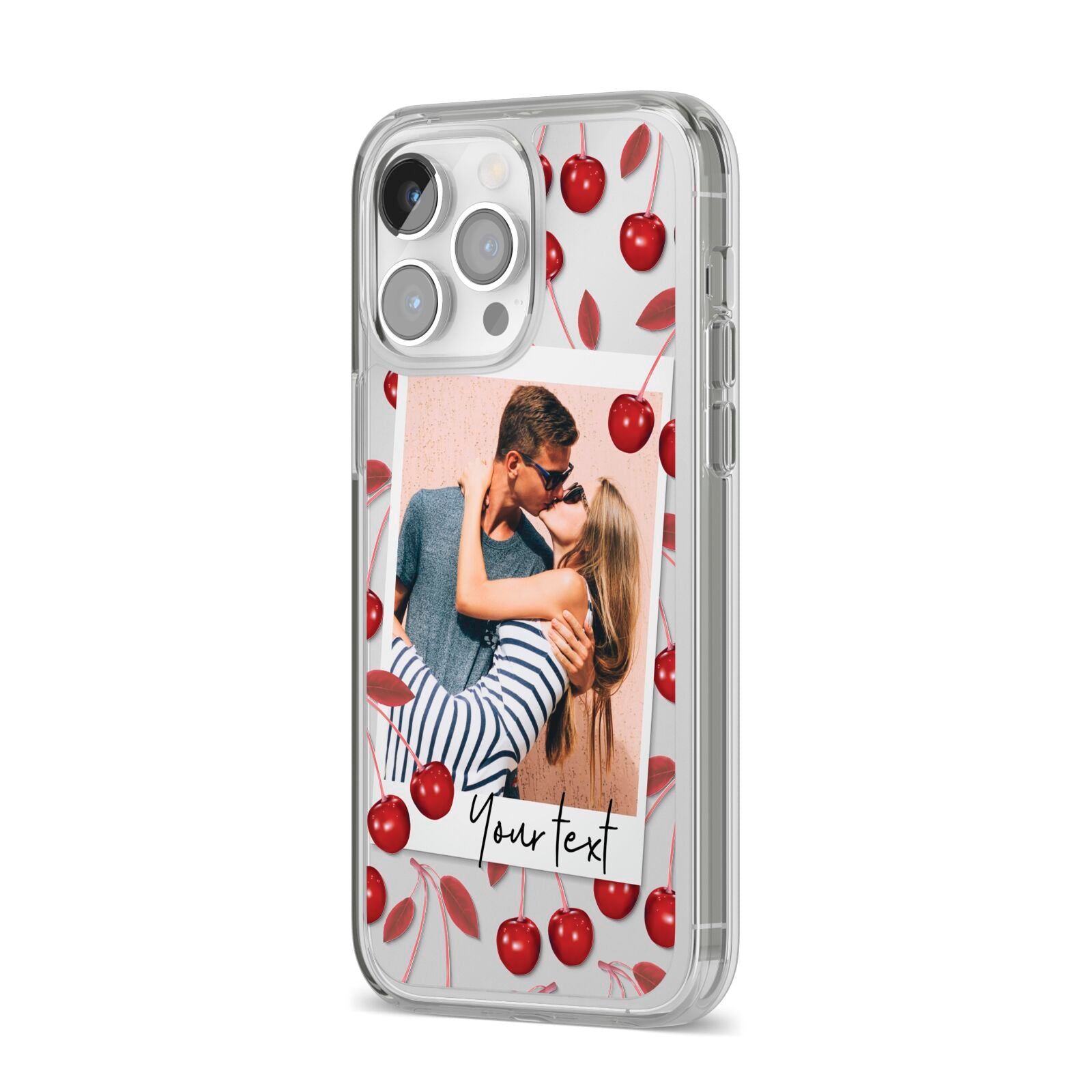 Personalised Photo Cherry iPhone 14 Pro Max Clear Tough Case Silver Angled Image
