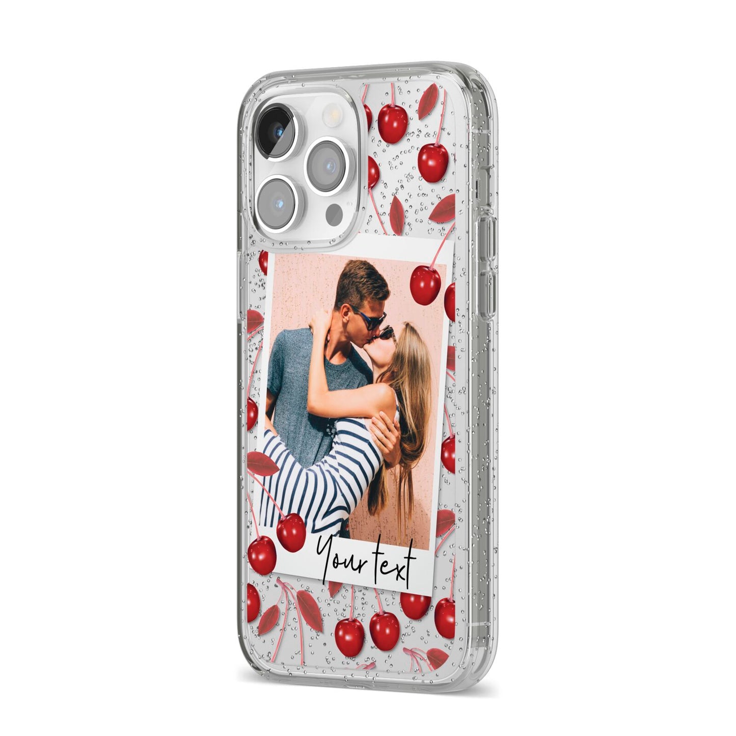 Personalised Photo Cherry iPhone 14 Pro Max Glitter Tough Case Silver Angled Image