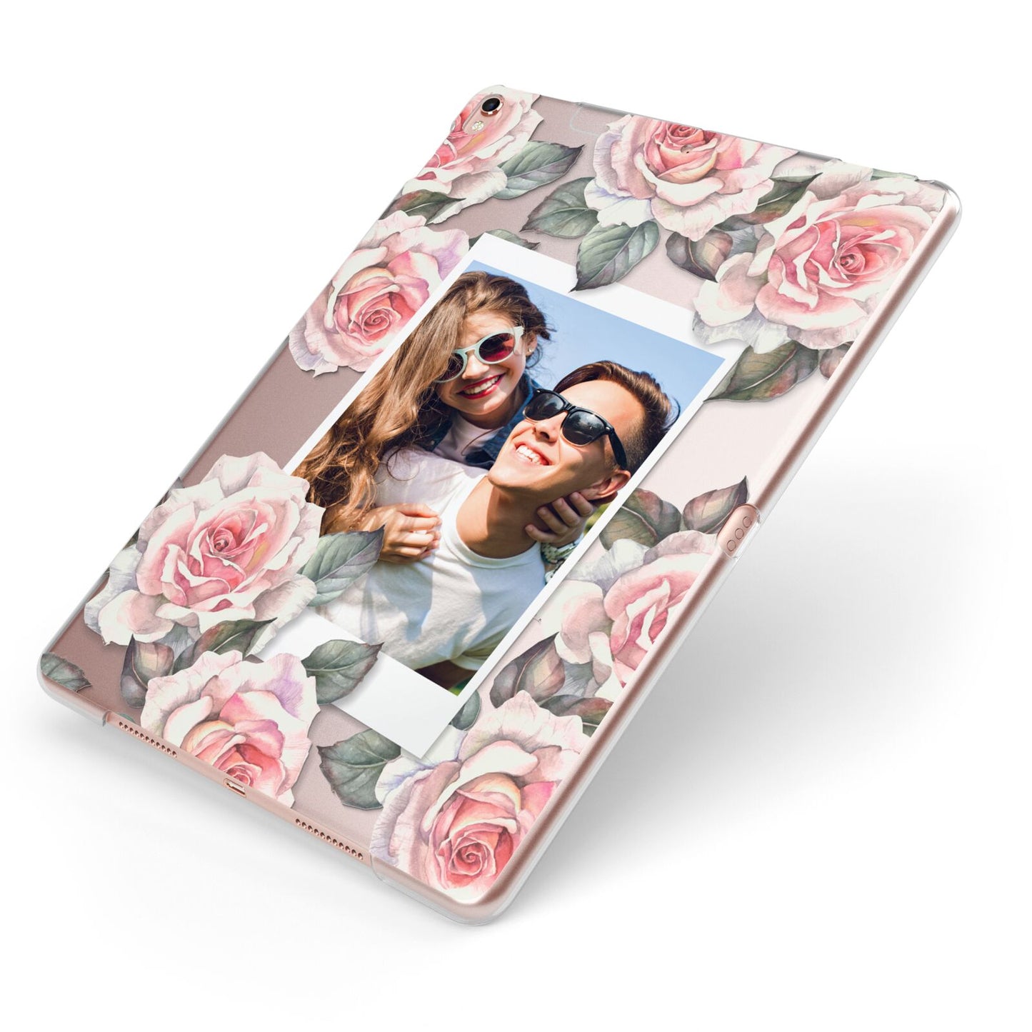 Personalised Photo Floral Apple iPad Case on Rose Gold iPad Side View
