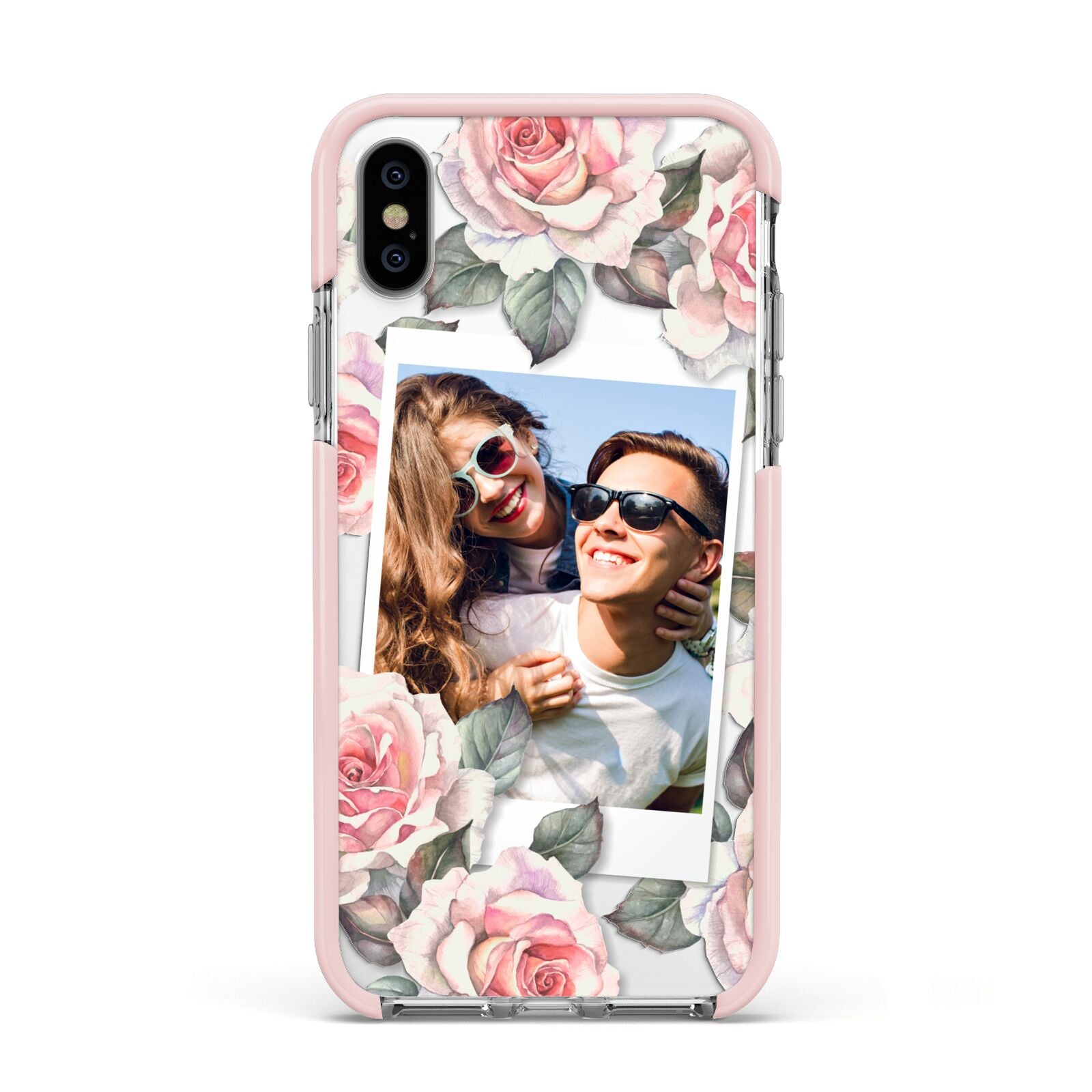 Personalised Photo Floral Apple iPhone Xs Impact Case Pink Edge on Silver Phone