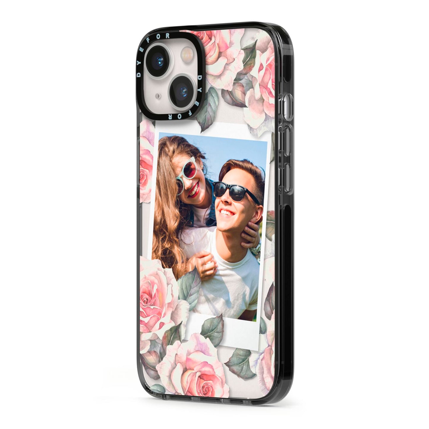 Personalised Photo Floral iPhone 13 Black Impact Case Side Angle on Silver phone