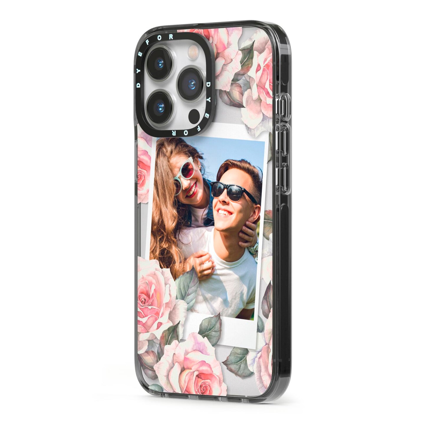 Personalised Photo Floral iPhone 13 Pro Black Impact Case Side Angle on Silver phone