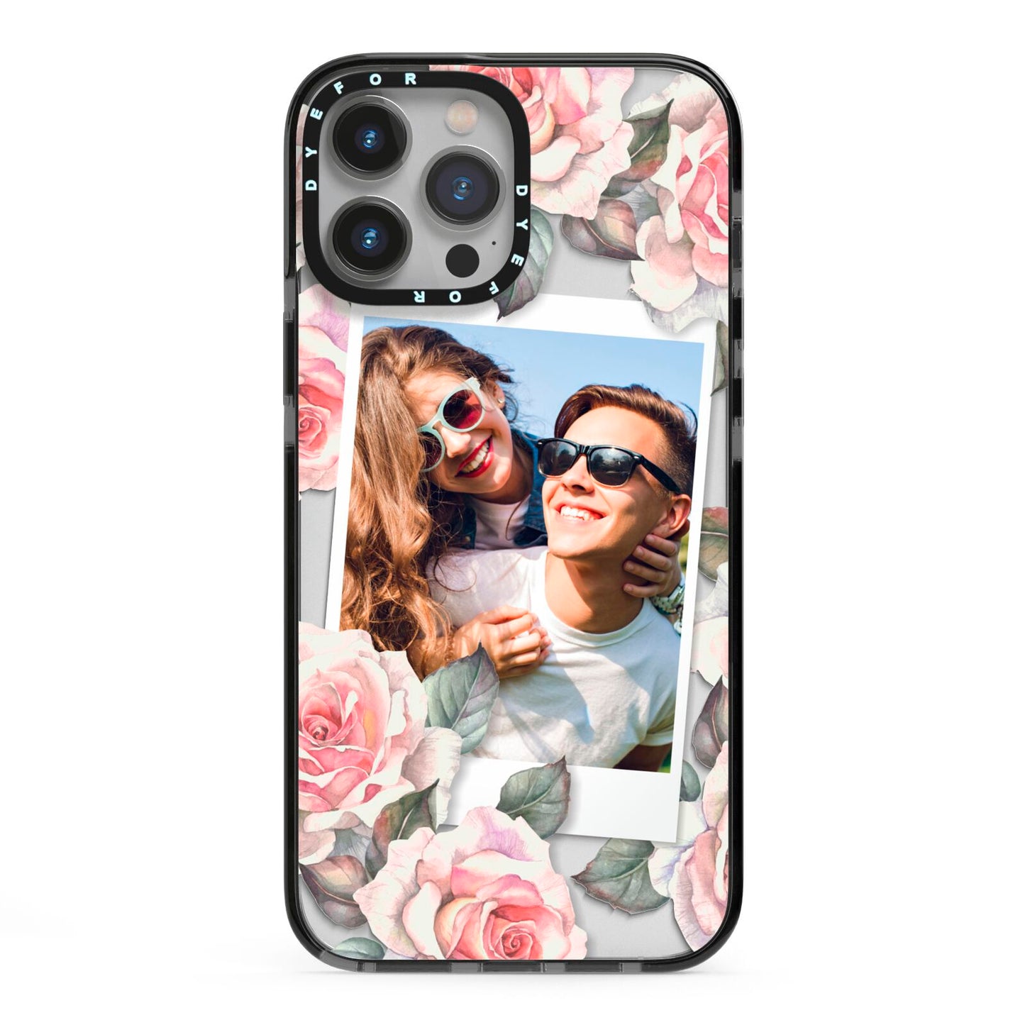 Personalised Photo Floral iPhone 13 Pro Max Black Impact Case on Silver phone