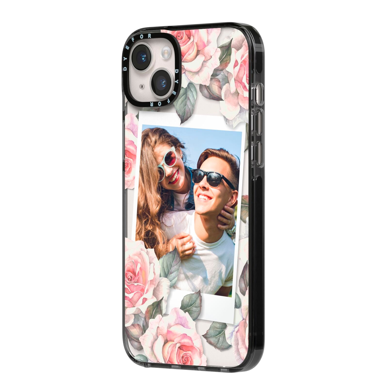 Personalised Photo Floral iPhone 14 Plus Black Impact Case Side Angle on Silver phone