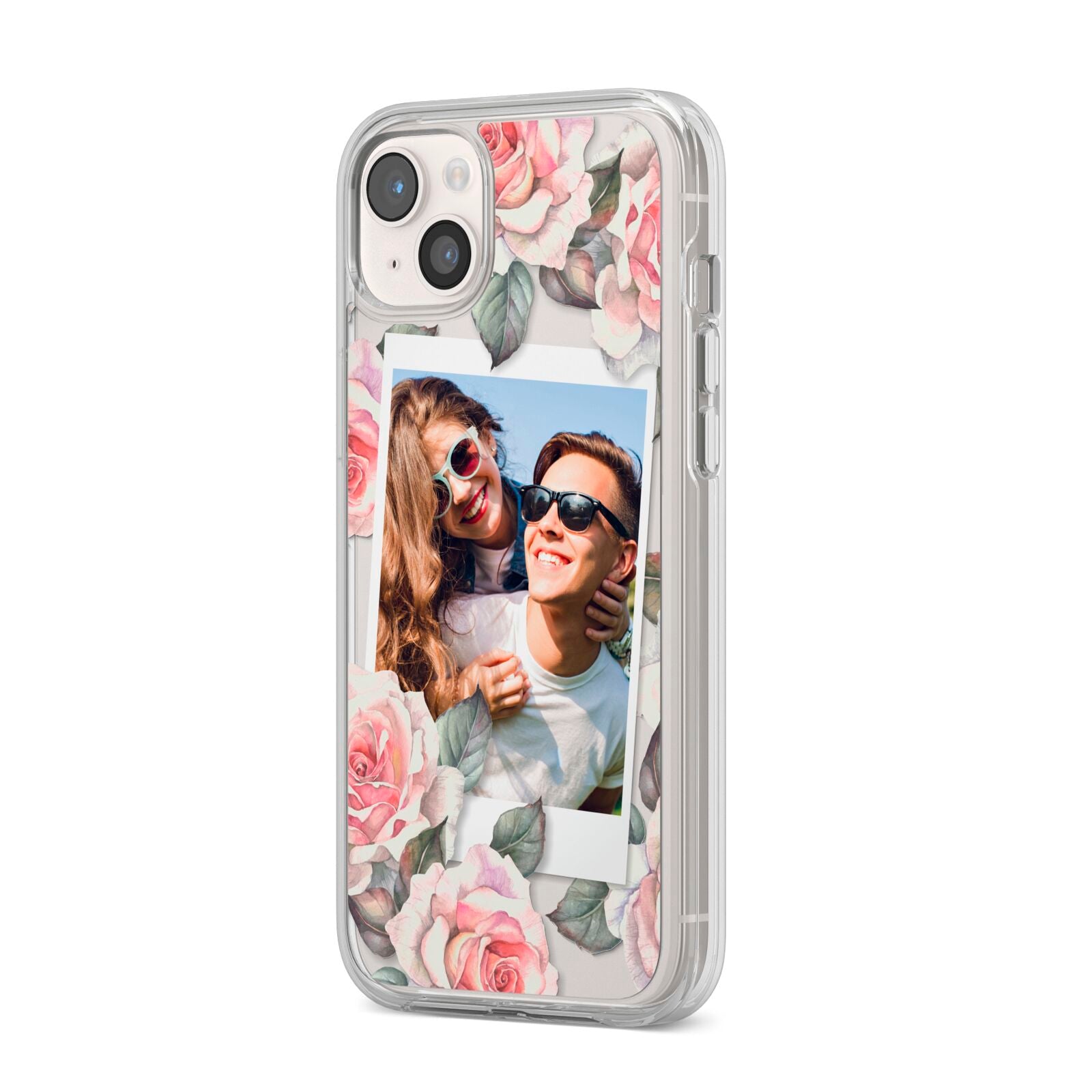 Personalised Photo Floral iPhone 14 Plus Clear Tough Case Starlight Angled Image