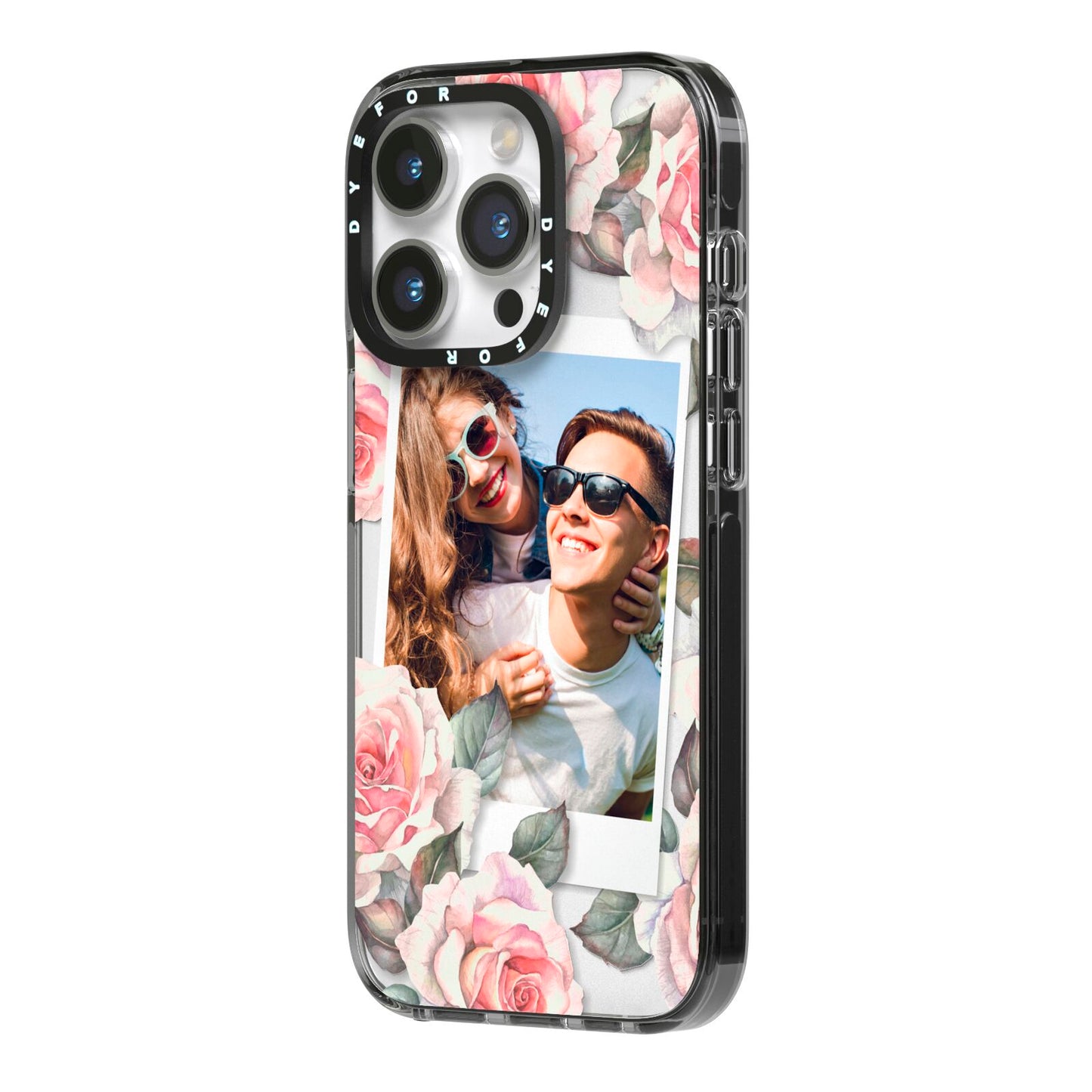 Personalised Photo Floral iPhone 14 Pro Black Impact Case Side Angle on Silver phone