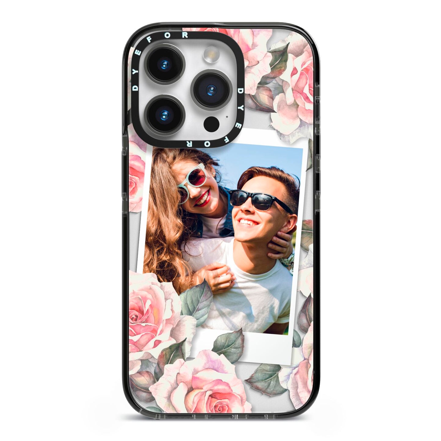 Personalised Photo Floral iPhone 14 Pro Black Impact Case on Silver phone