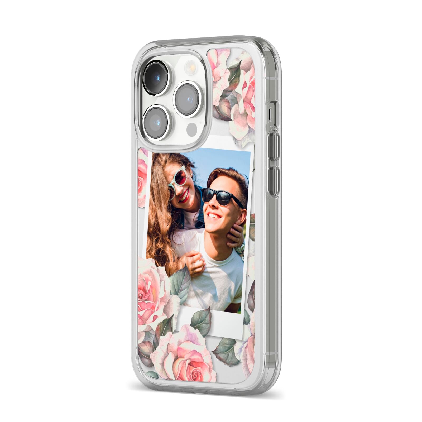 Personalised Photo Floral iPhone 14 Pro Clear Tough Case Silver Angled Image