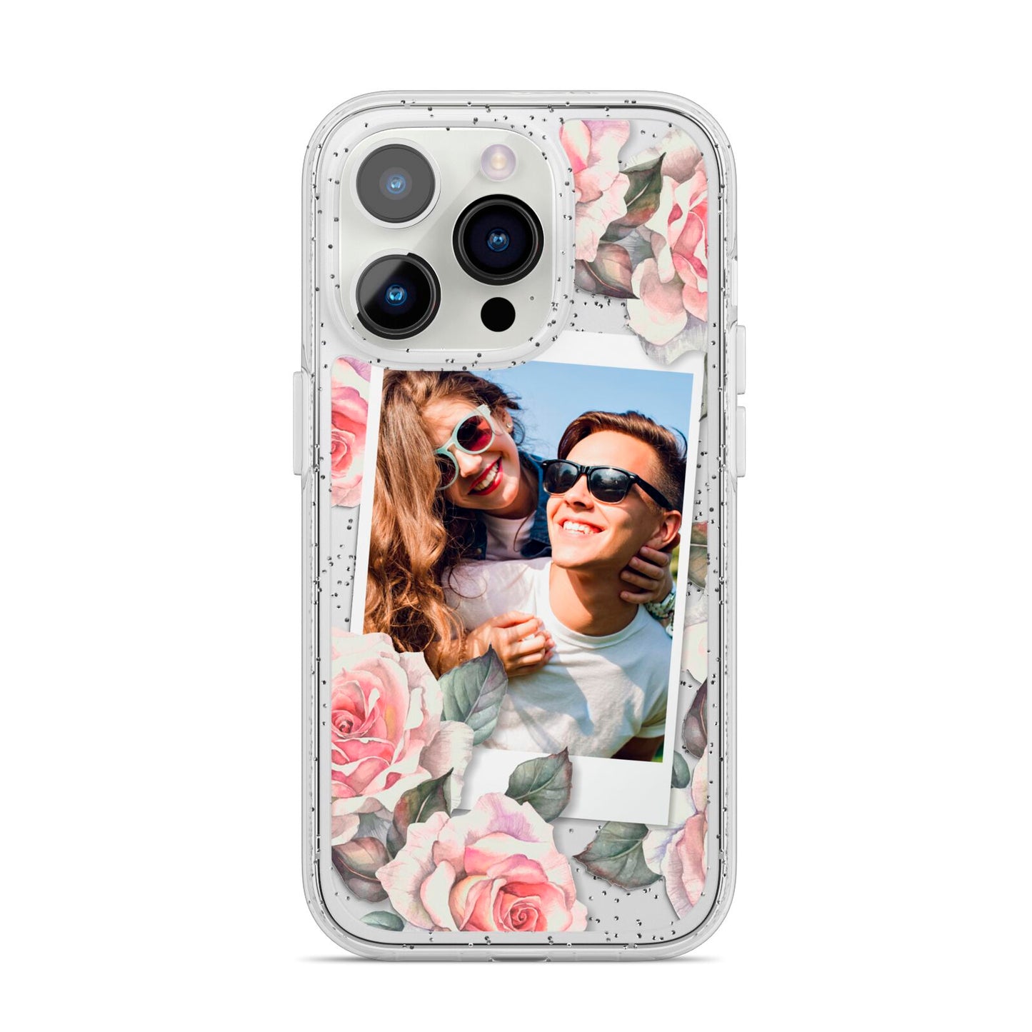 Personalised Photo Floral iPhone 14 Pro Glitter Tough Case Silver
