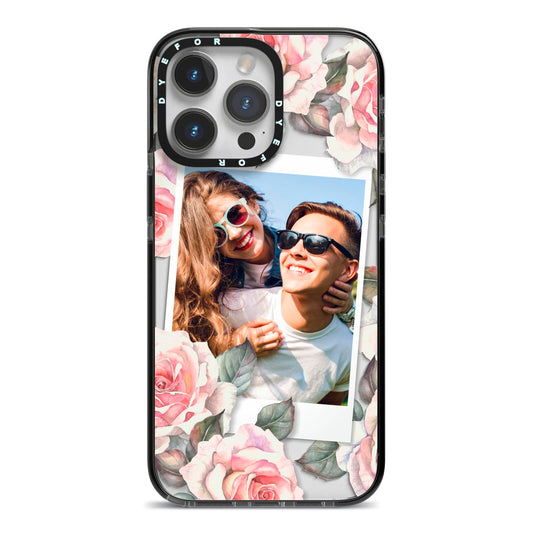 Personalised Photo Floral iPhone 14 Pro Max Black Impact Case on Silver phone