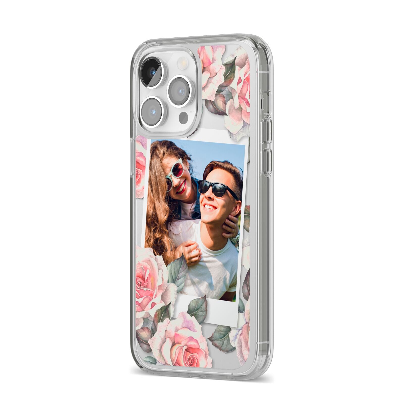 Personalised Photo Floral iPhone 14 Pro Max Clear Tough Case Silver Angled Image